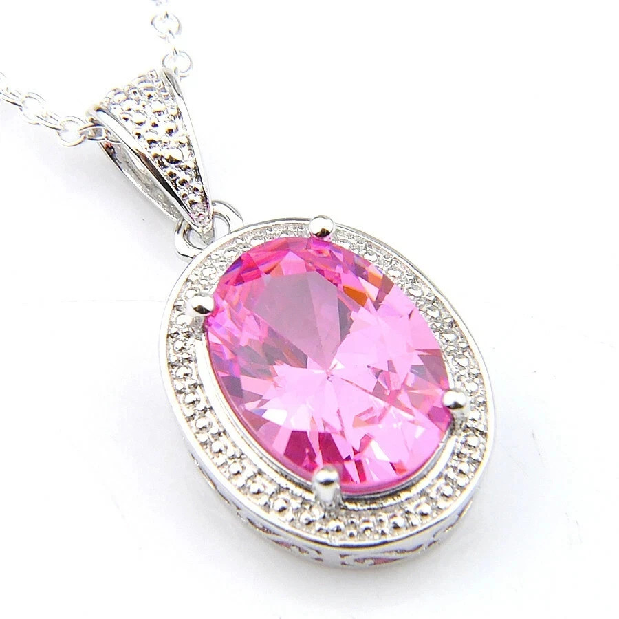 3.14 Ct Oval Cut Pink Sapphire Pendant Wedding Pendant 14K White Gold
