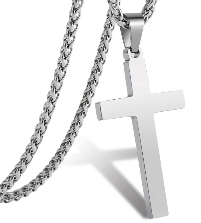 Classic Cross Pendant Necklace — Stainless Steel with Wheat Chain