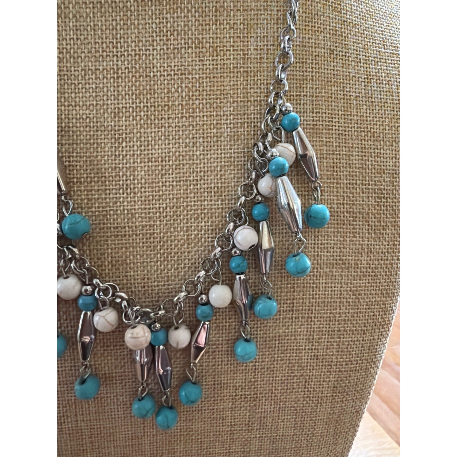 Boho Silver Tone Turquoise Color White Marbled Beaded Fringe Statement Necklace