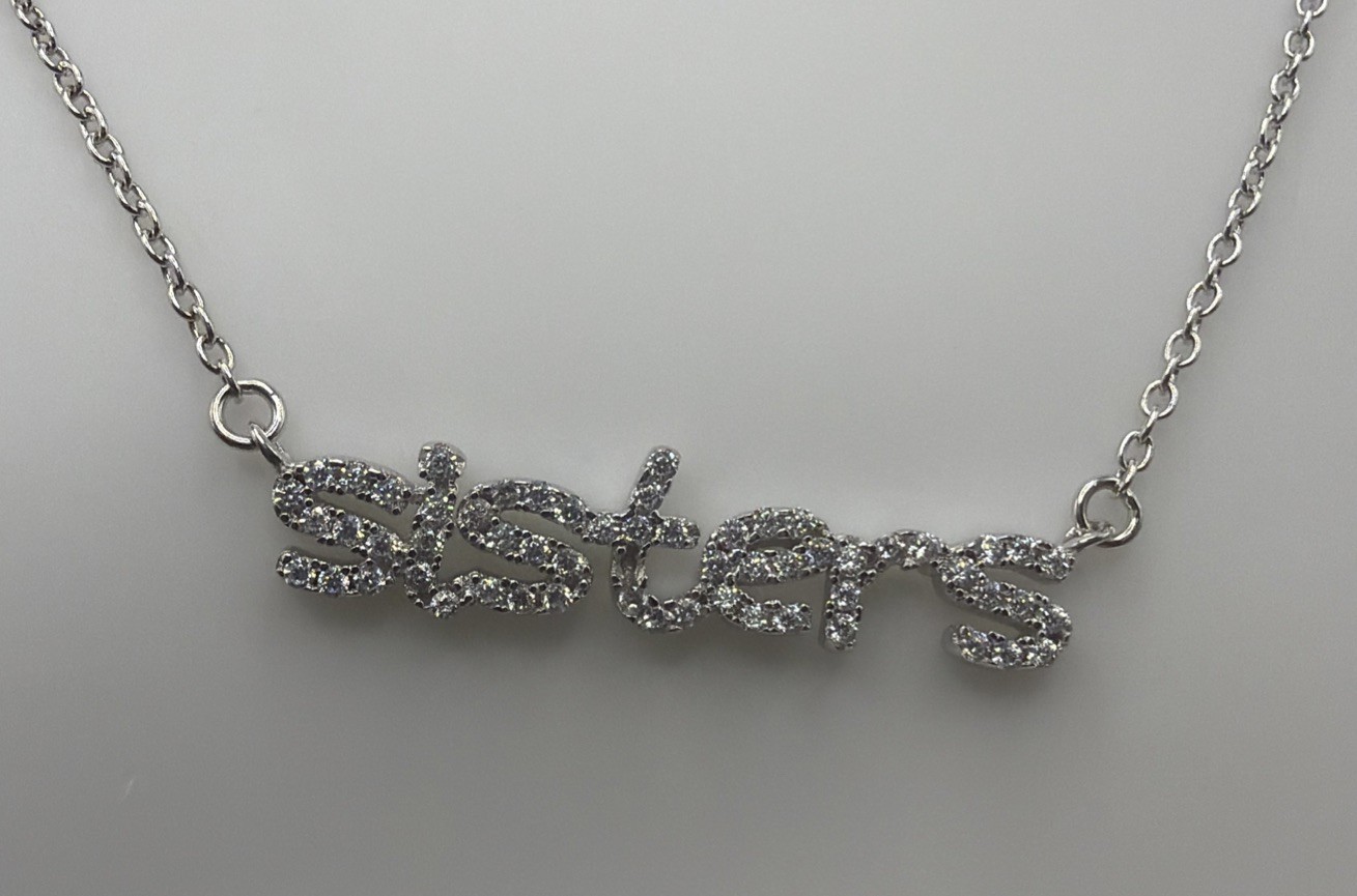 Sister Script Silver Tone Necklace Clear Rhinestone Adjustable 14” +3” Extender