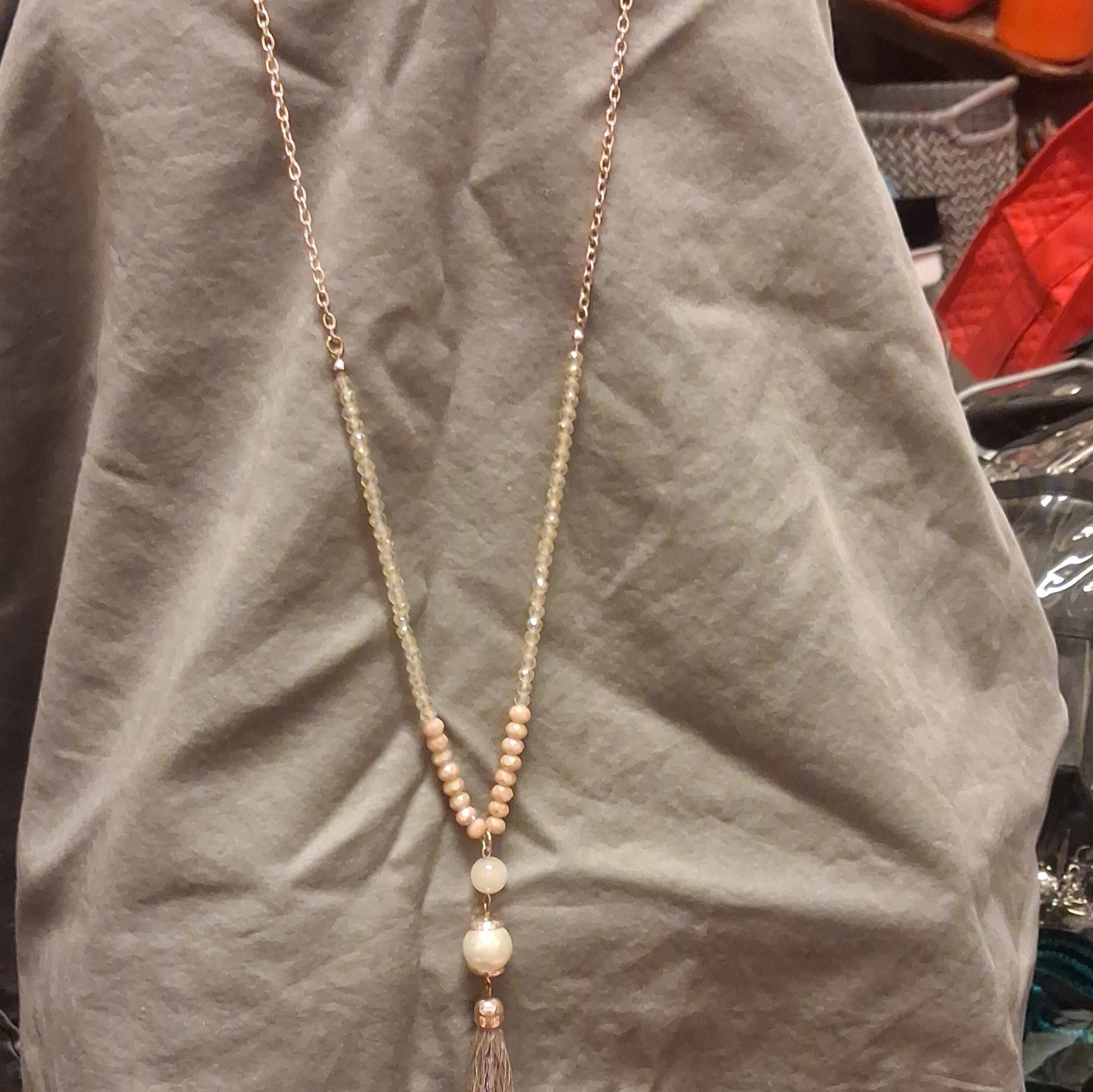 Silver Tone Beaded Pendant Necklace Pink & White Round Beads Tassel Cable