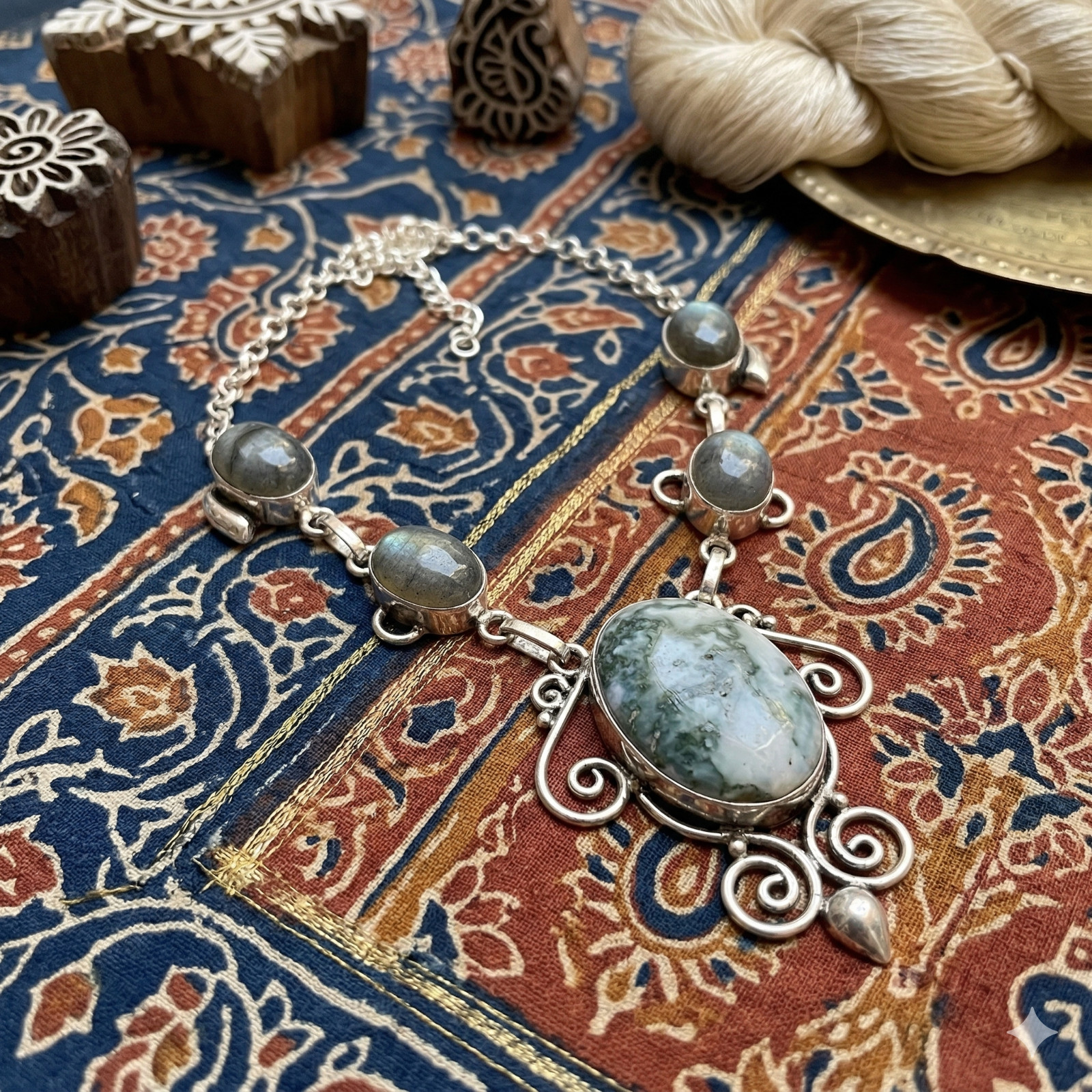 Tree Agate, Labradorite Gemstone Ethnic Necklace 18″