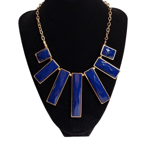 Women’s Gold Tone Necklace Navy Blue Rectangular Acrylic Stones 11.5 in + 3.5 in