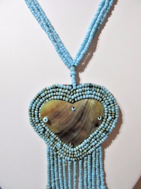 LIGHT BLUE MULTISTRAND SEED BEADED NECKLACE AND SHELL HEART PENDANT CONTEMPORARY