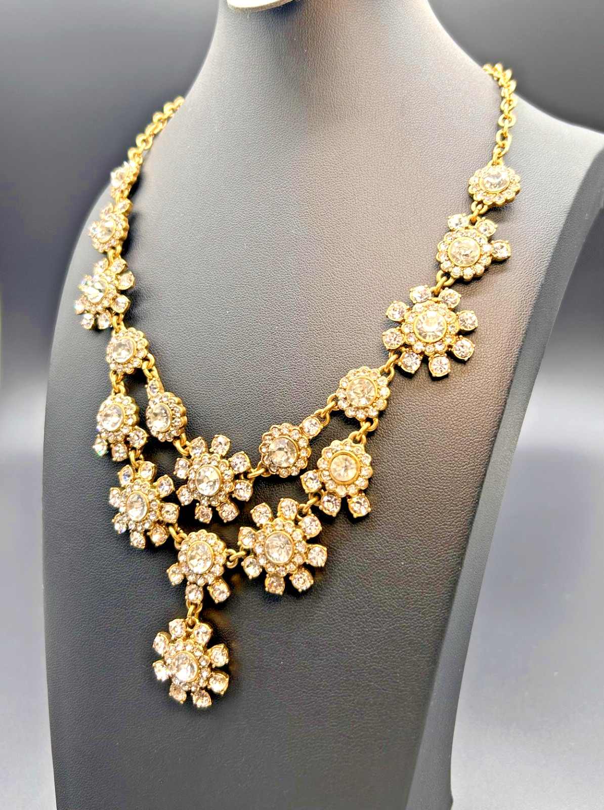 J Crew Crystal Flower Statement Necklace Gold Tone Rhinestone Floral Bib Signed