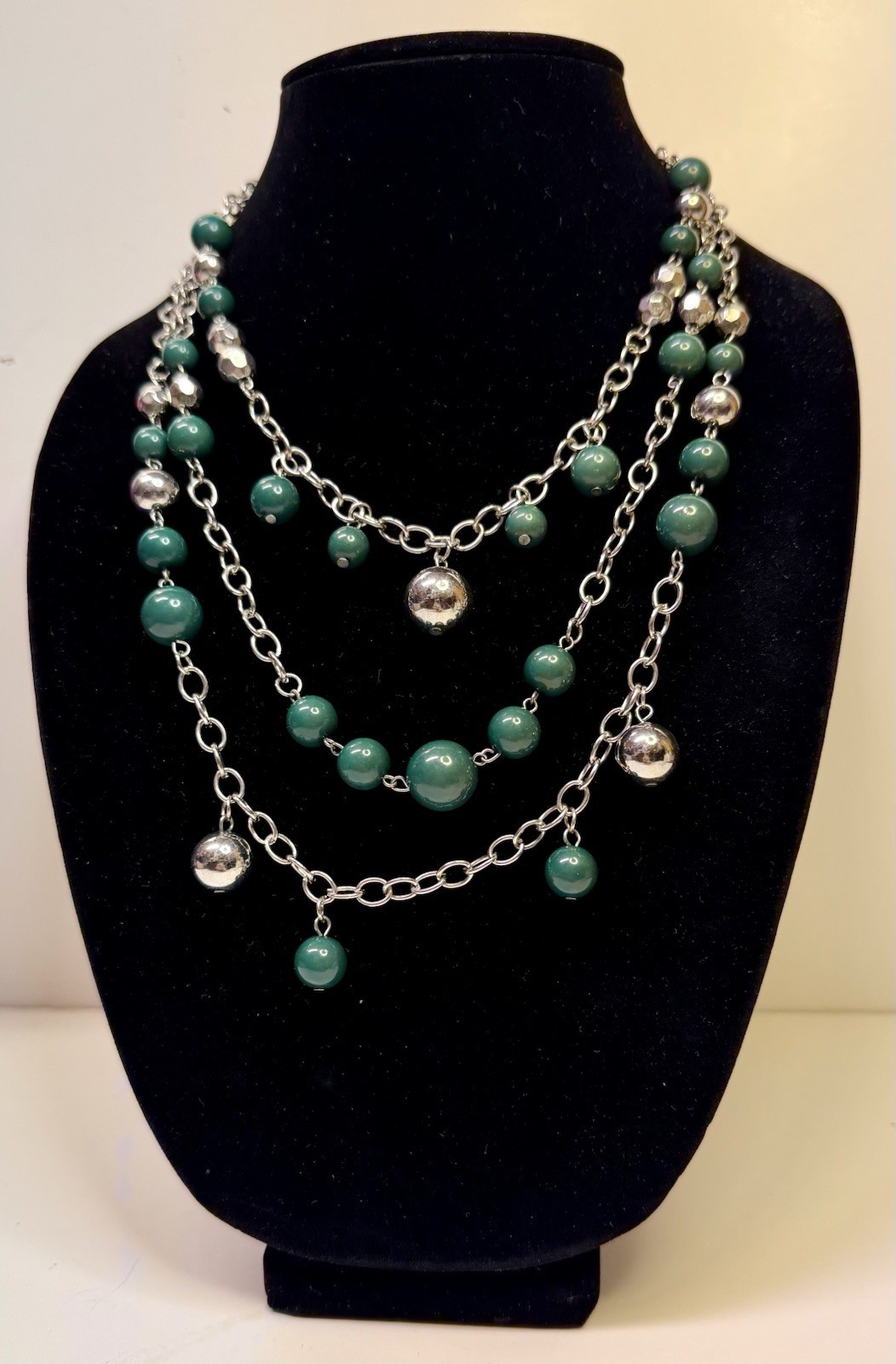 Combined Shipping Silver Tone and Dark Green Multi Strand Beaded Necklace #335