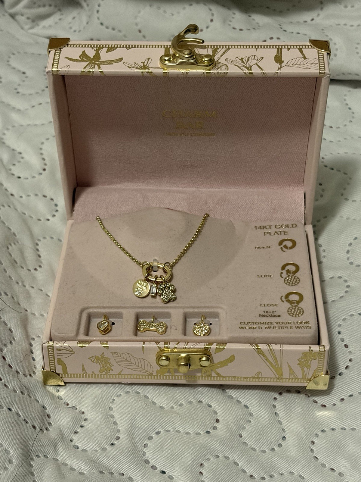 Dog lover Charm Bar 14k Gold Plated CZ Charm Necklace Adjustable 18-20″ Slide