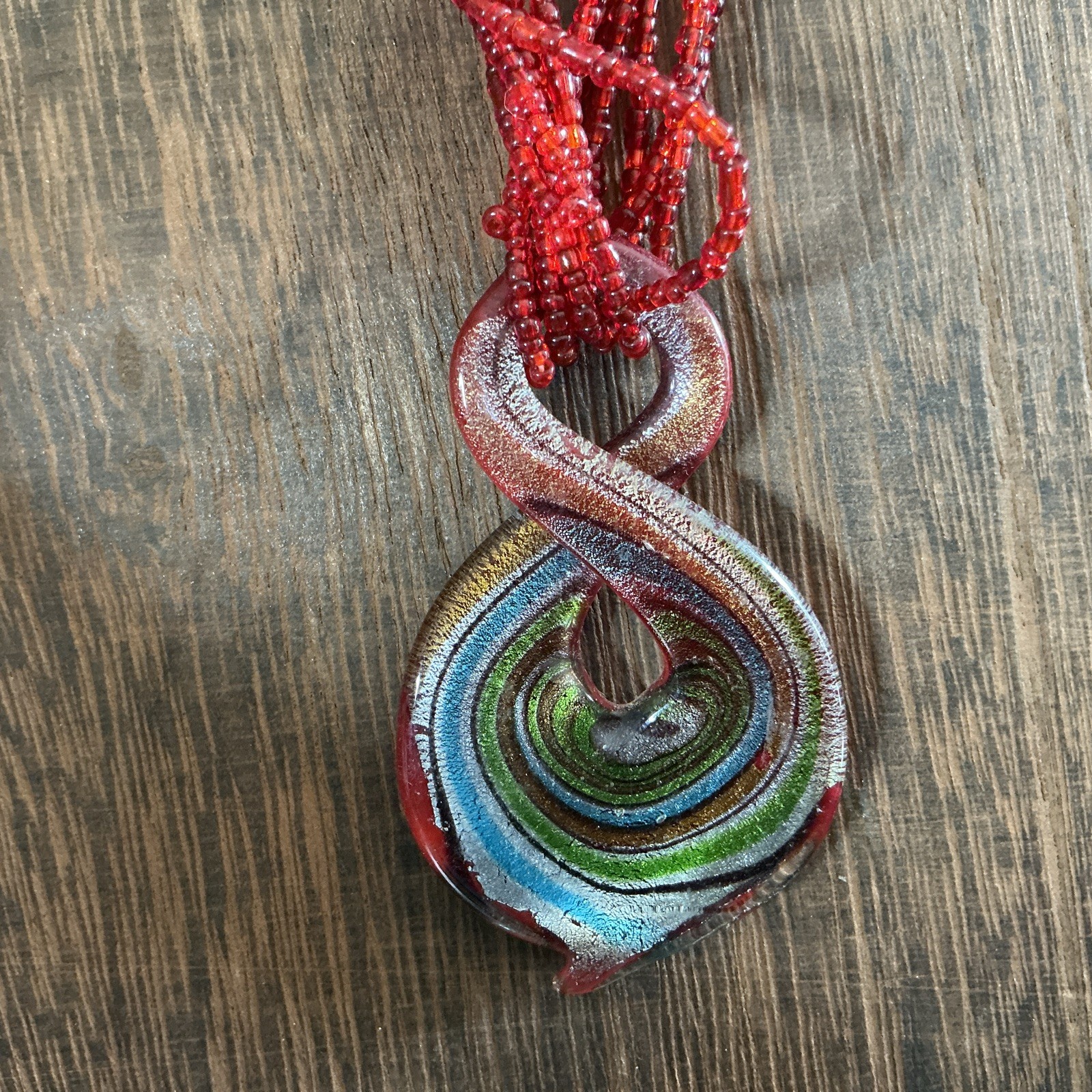 Murano Style Dichroic Glass Pendant Green Multi-Strand Seed Bead Necklace 9.5″