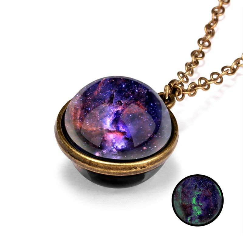 Glow in the Dark Galaxy System Double Sided Glass Dome Planet Pendant Necklace