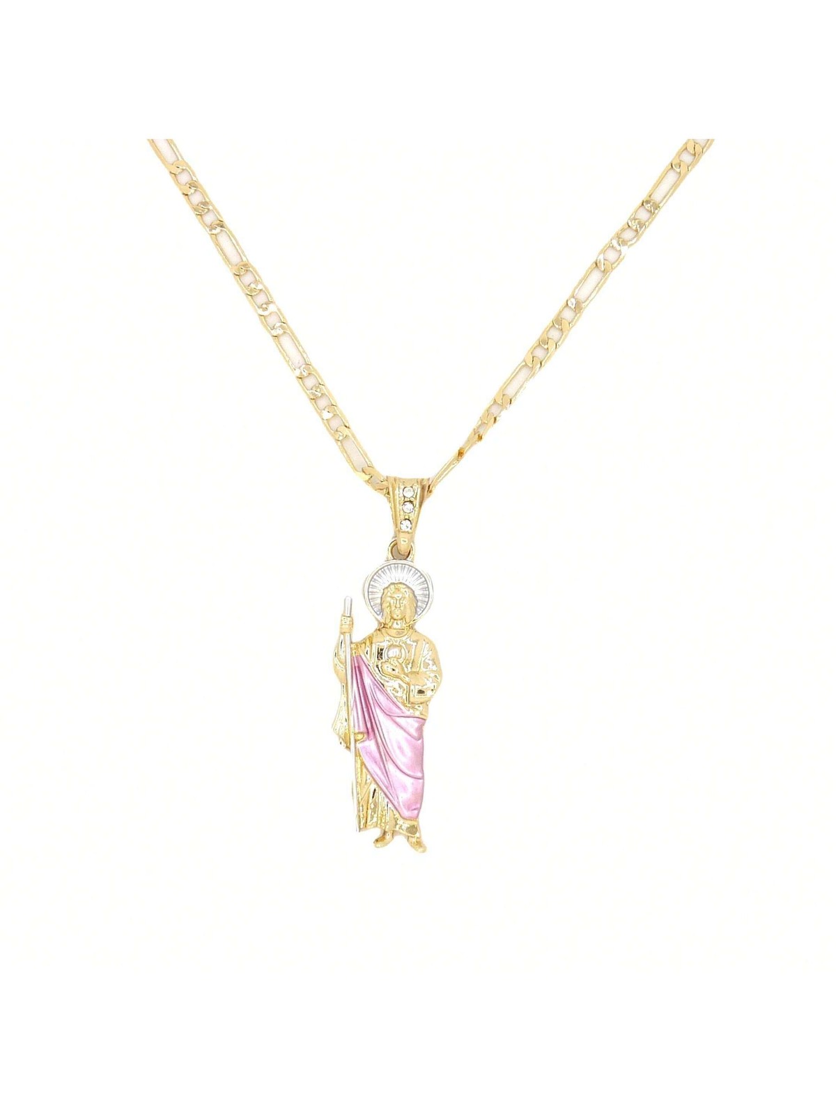 Pink St Jude Pendant Necklace On Gold Figaro Chain