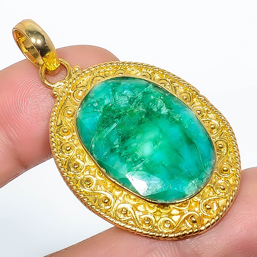 Emerald (Lab-Created) 18k Yellow Gold Plated Pendant 1.95″ P7622-168