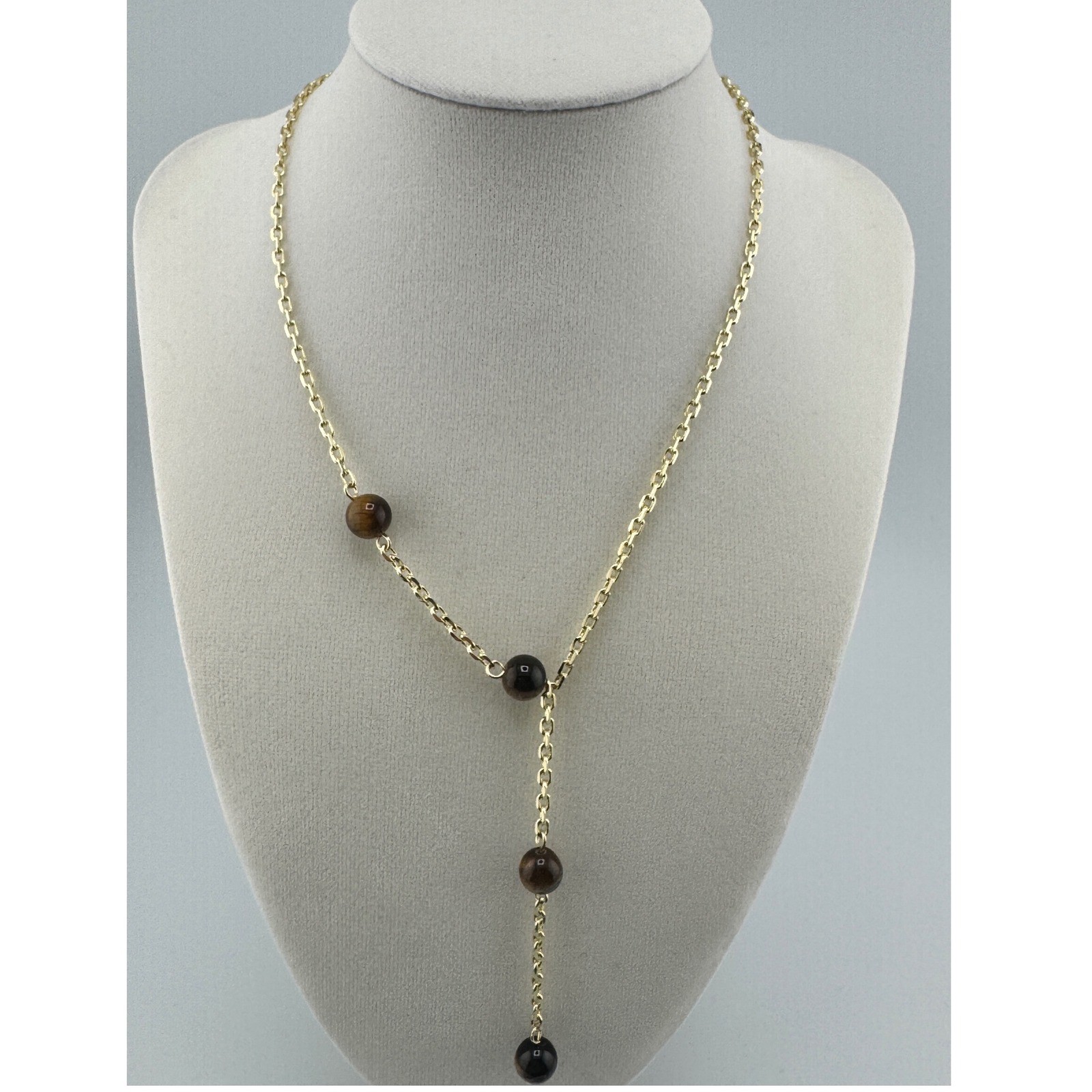 Gold Tone Tiger’s Eye Bead Lariat Y-Drop Necklace Adjustable Cable Chain