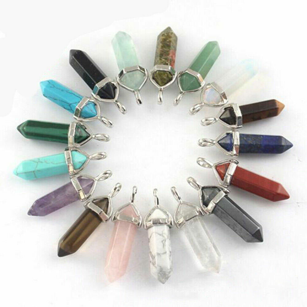 16PCS Healing Glass Gemstones Hexagonal Pointed Reiki Chakra Cap Pendant Bead