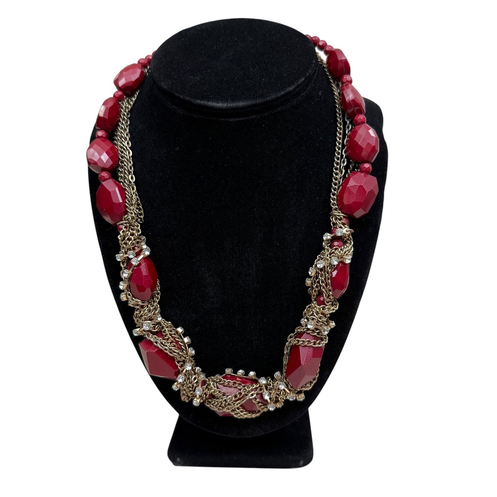 Ruby Red Faceted Acrylic Rhinestone Chain Chunky Beaded Statement Necklace 10 in