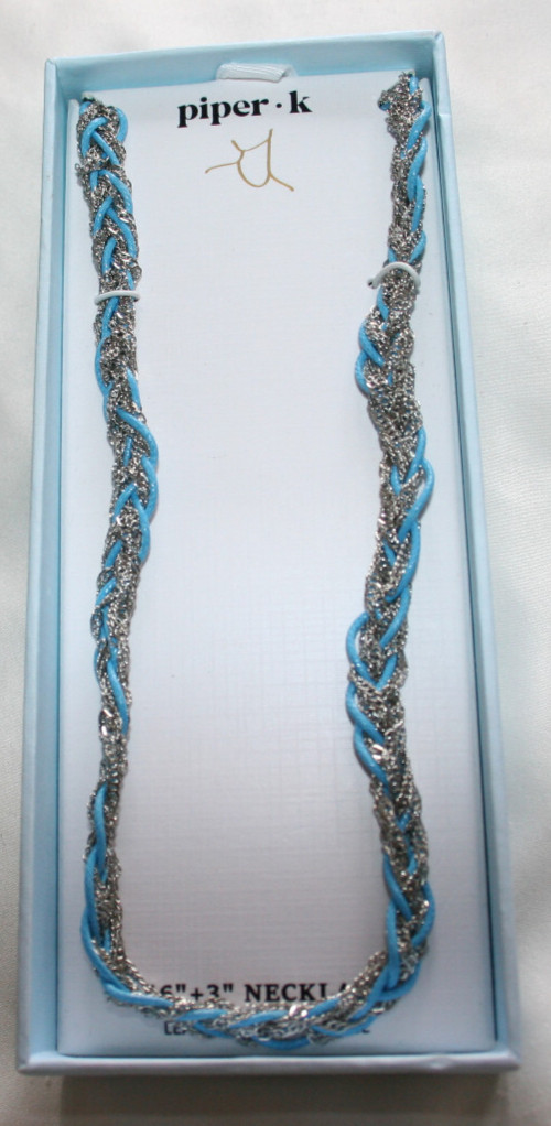 Silver tone metal chains & blue cord braided 16″ + 3″ Necklace Lobster closure