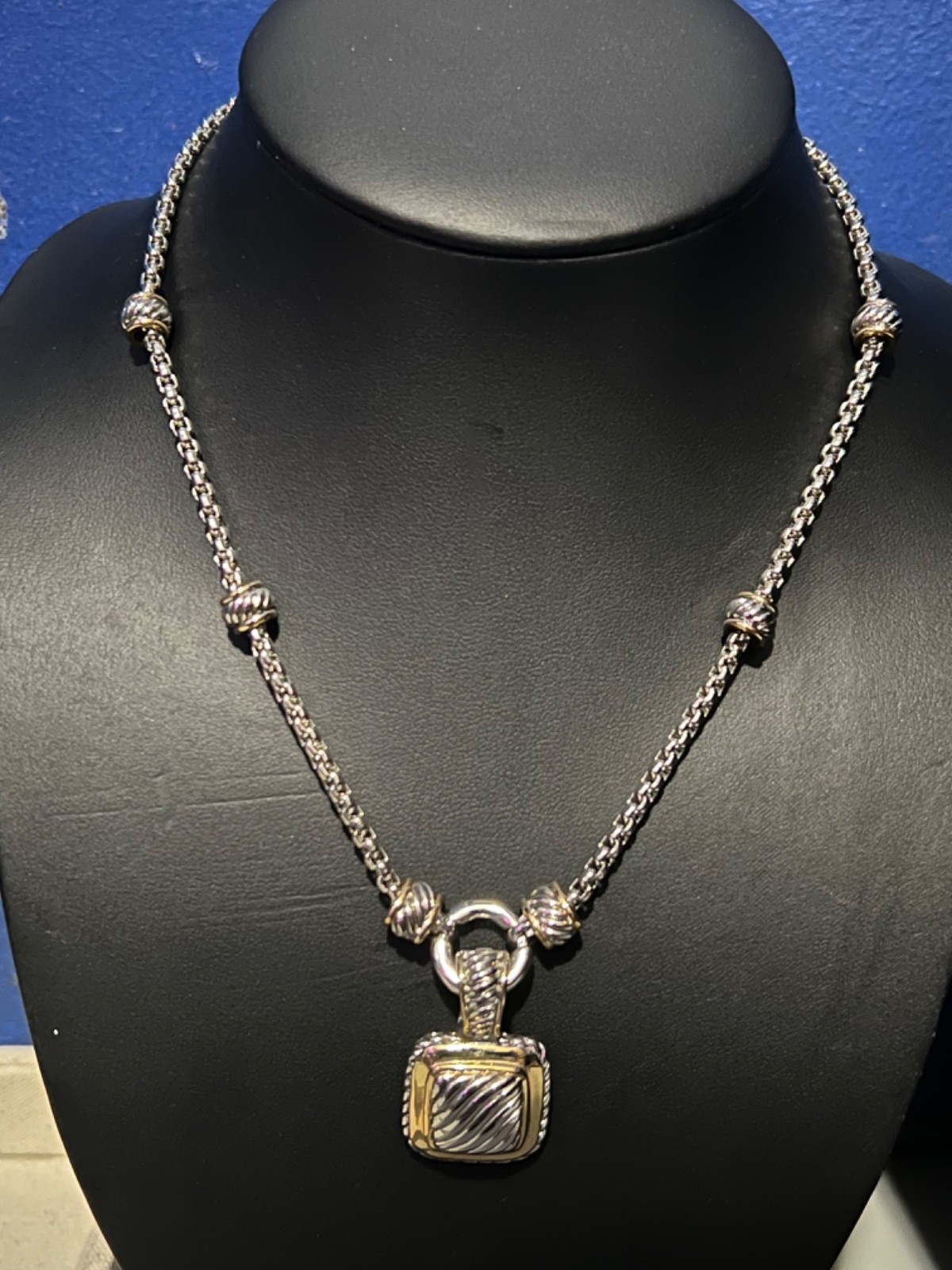 Silver and Gold-tone Chunky Square Pendant on Rolo Chain Necklace w/ Earrings