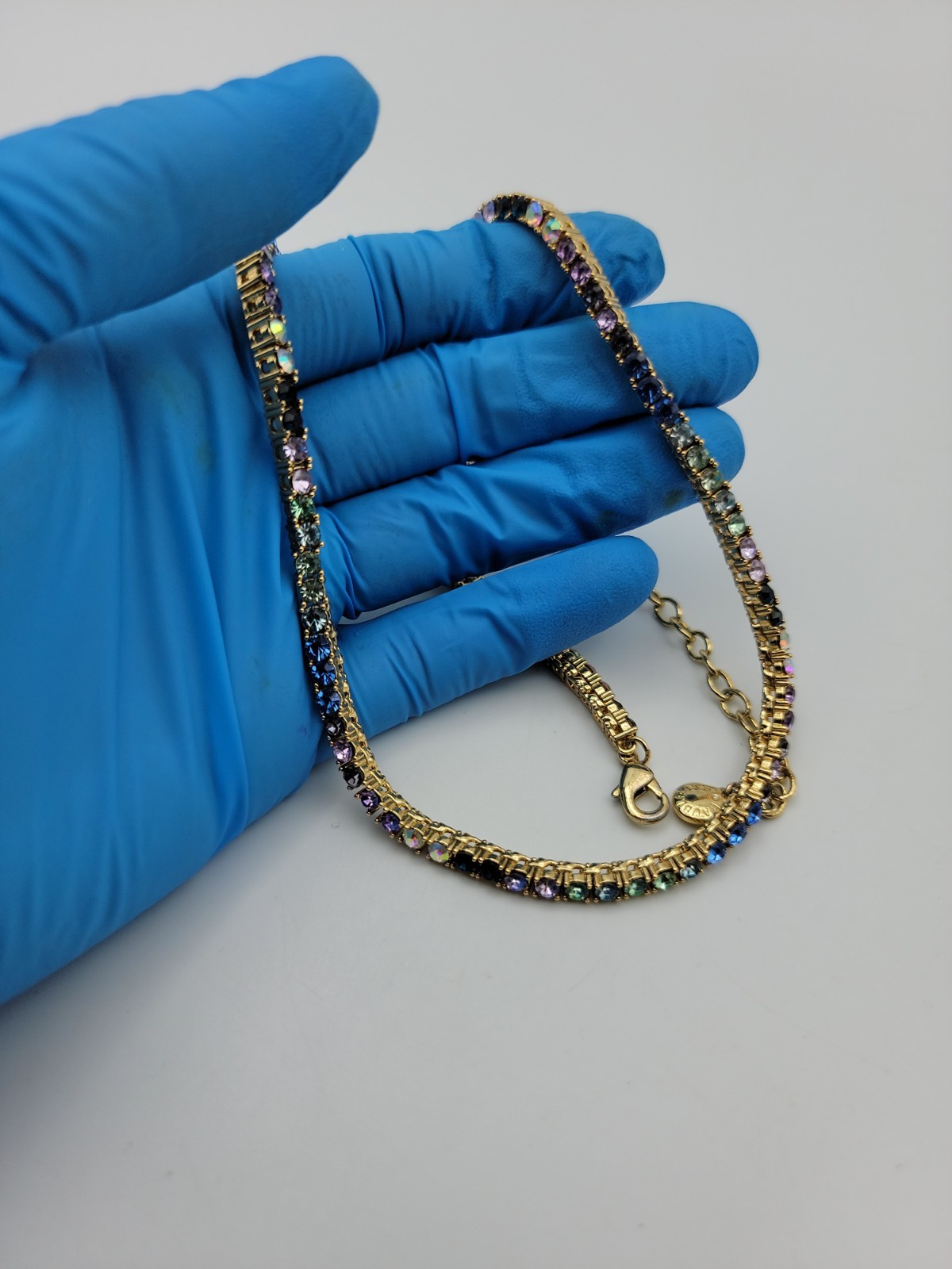 Baublebar Tennis Necklace Blue Purple Rhinestones Gold Tone 16.5″-19.5″