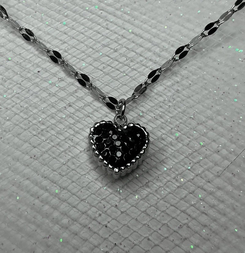 Silver Plated Stainless Steel Black Heart Pendant Necklace CZ Minimalist