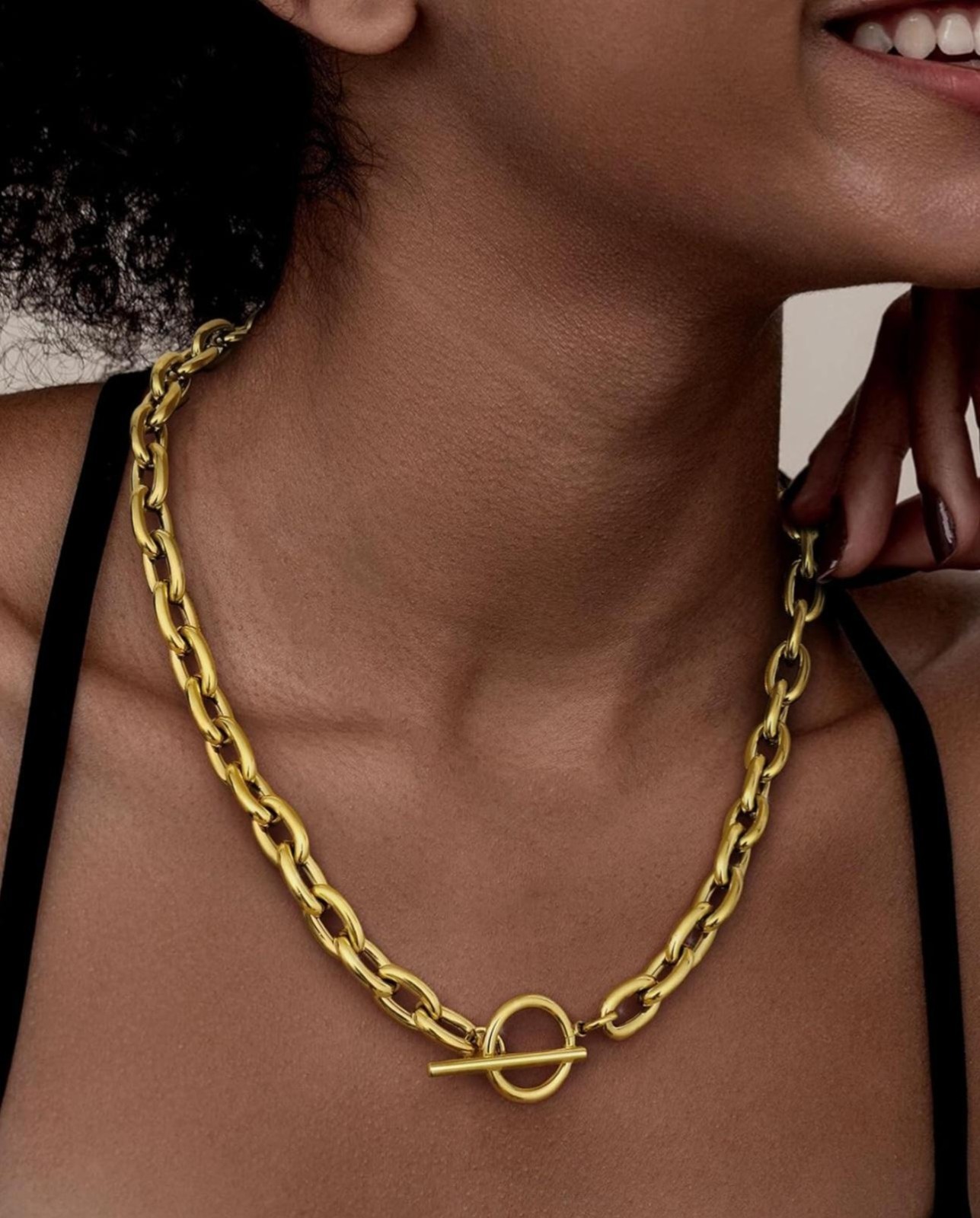 18k Gold Plated Stainless Steel Chic Chain Necklace with Toggle Clasp 011626