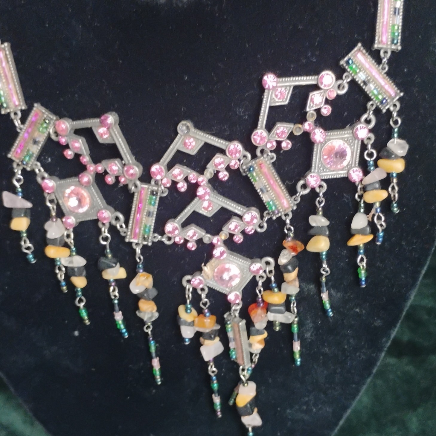 Silver Tone Art Deco Bib Statement Necklace, Pink Crystals Bead Dangles