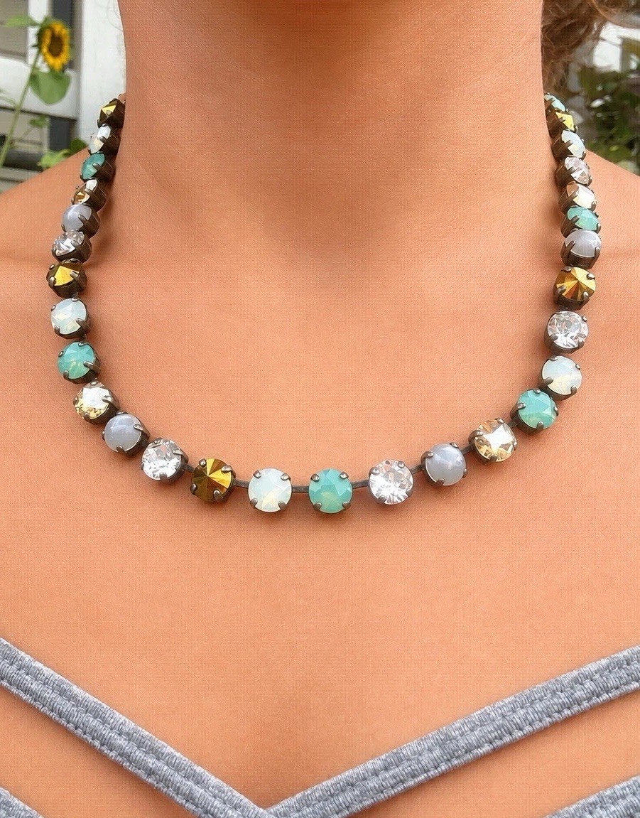 Sabika Classic Turquoise, Pearl, White And Bronze Crystal Tennis Choker Necklace