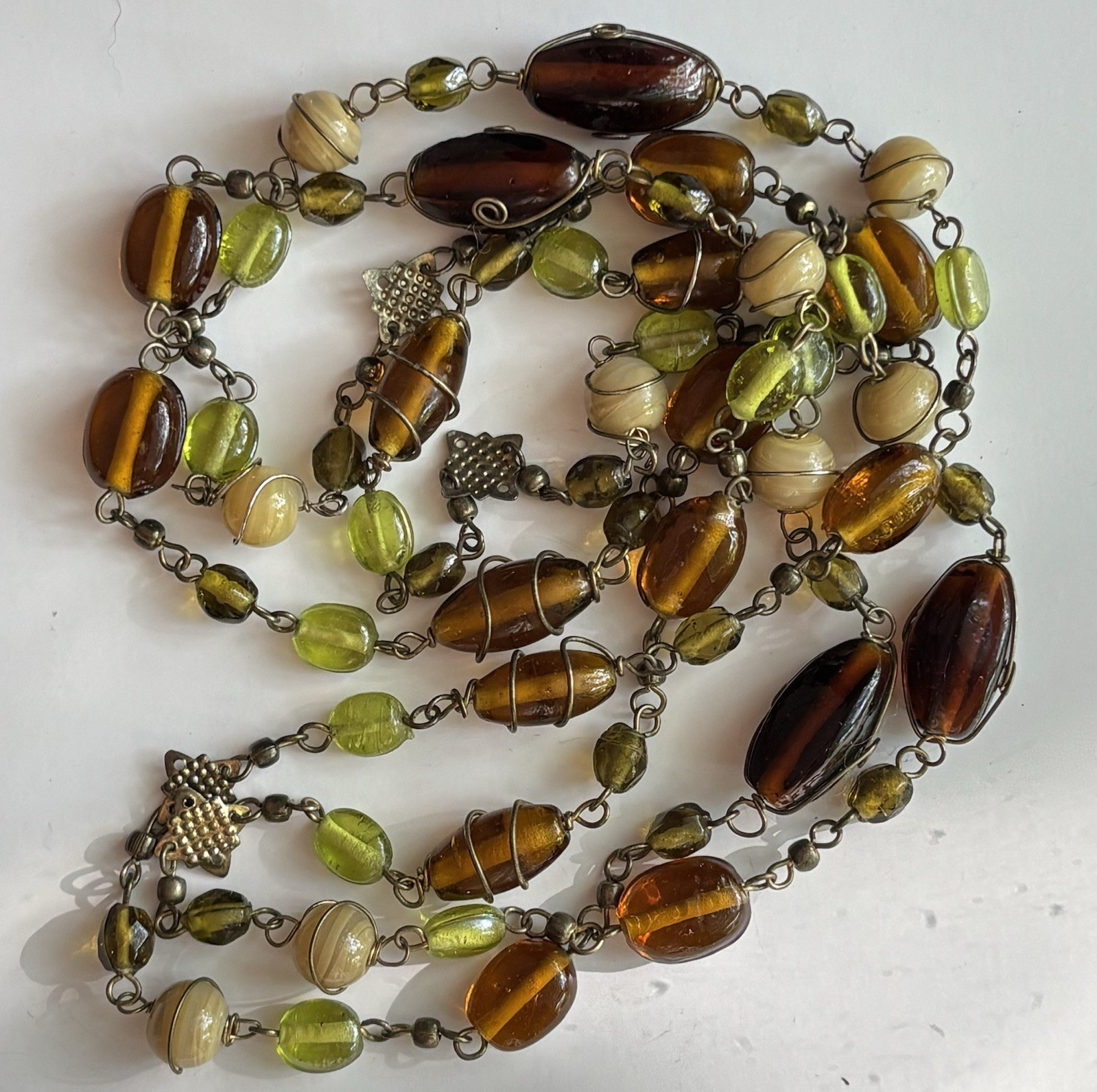 Vintage Earth Tone Art Glass Station Necklace Wire Wrapped Amber Green Beads 46”