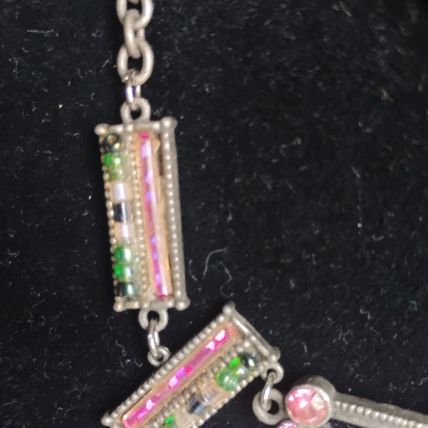 Silver Tone Art Deco Bib Statement Necklace, Pink Crystals Bead Dangles