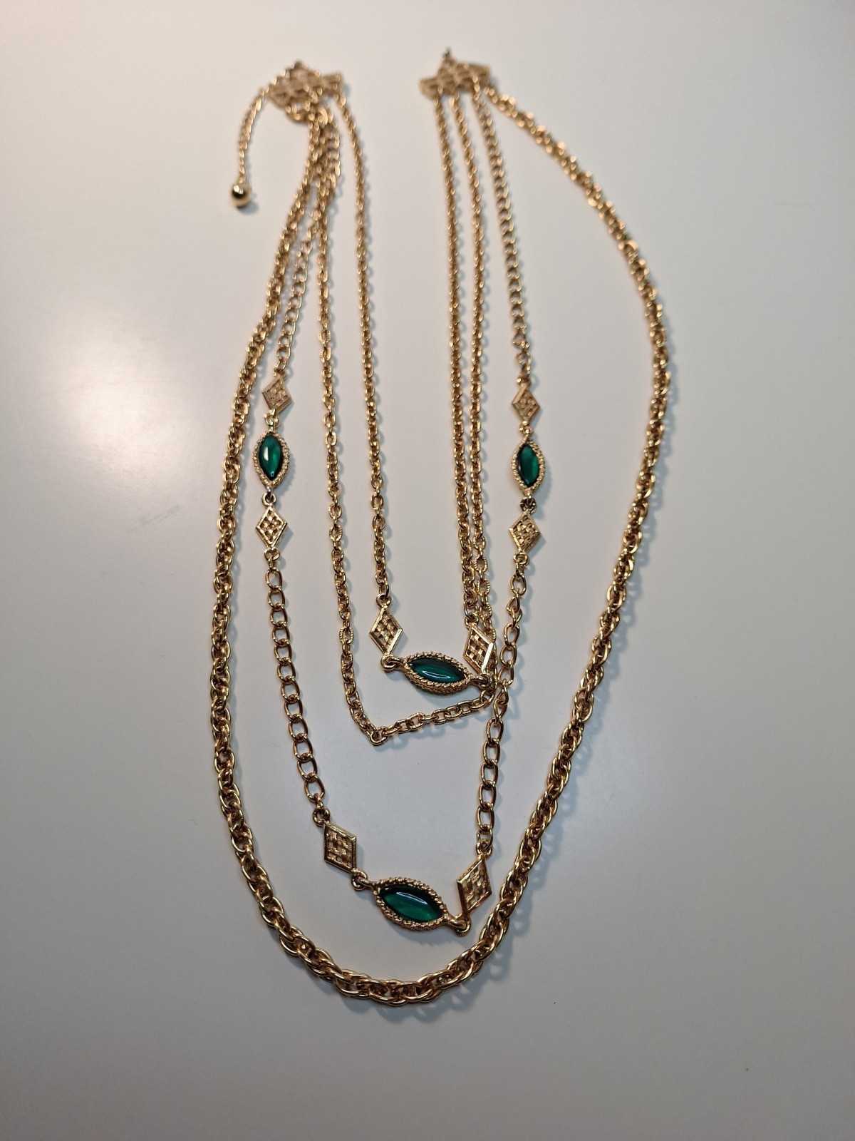 Goldtone Necklace With Multiple Layered Chains & Marquise-cut Green Gemstones