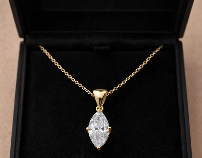Solitaire Pendant Necklace Marquise Simulated Diamond In 14k Yellow Gold Plated