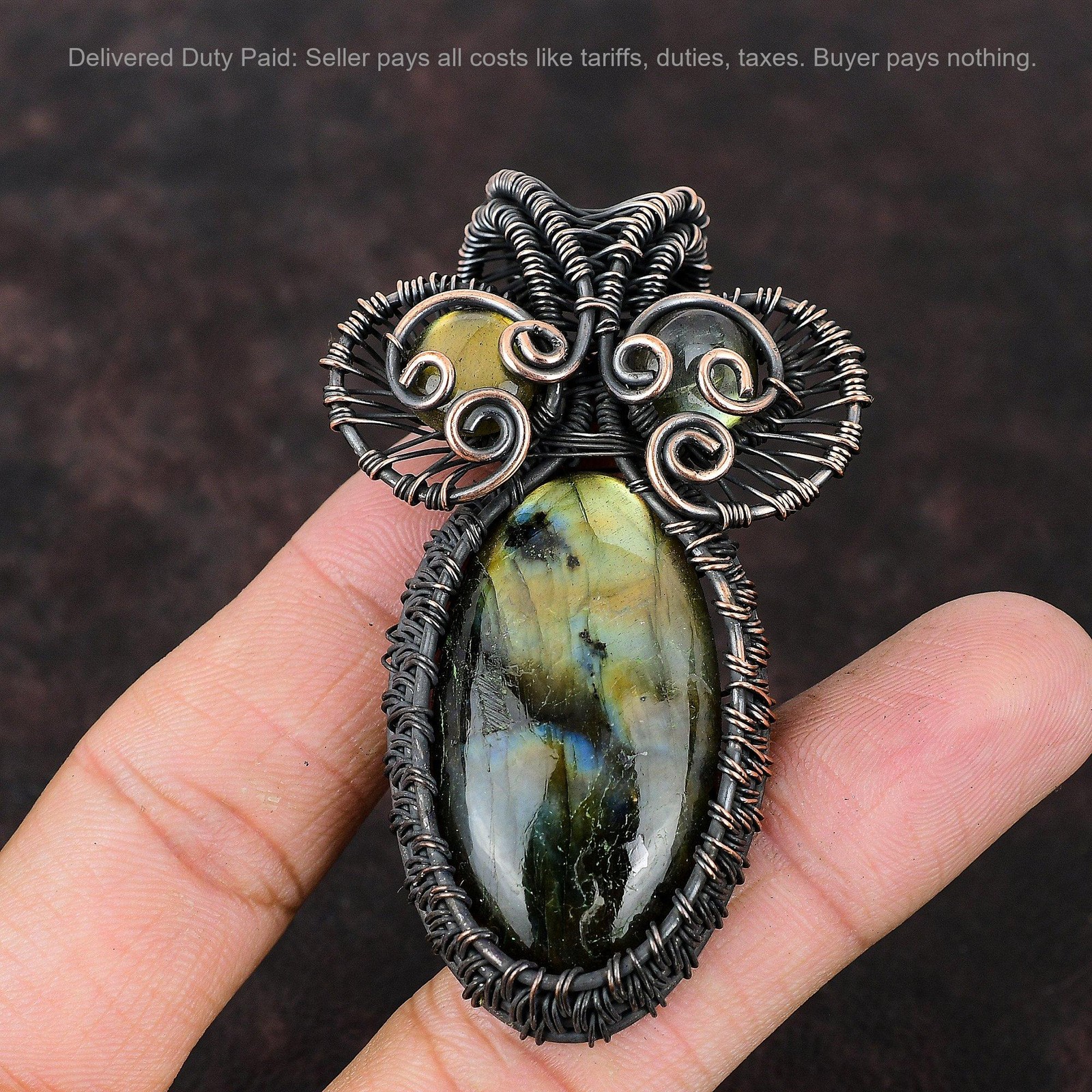 Copper Oval Natural Labradorite Handcrafted Birthday Wire Wrapped Wife Pendant
