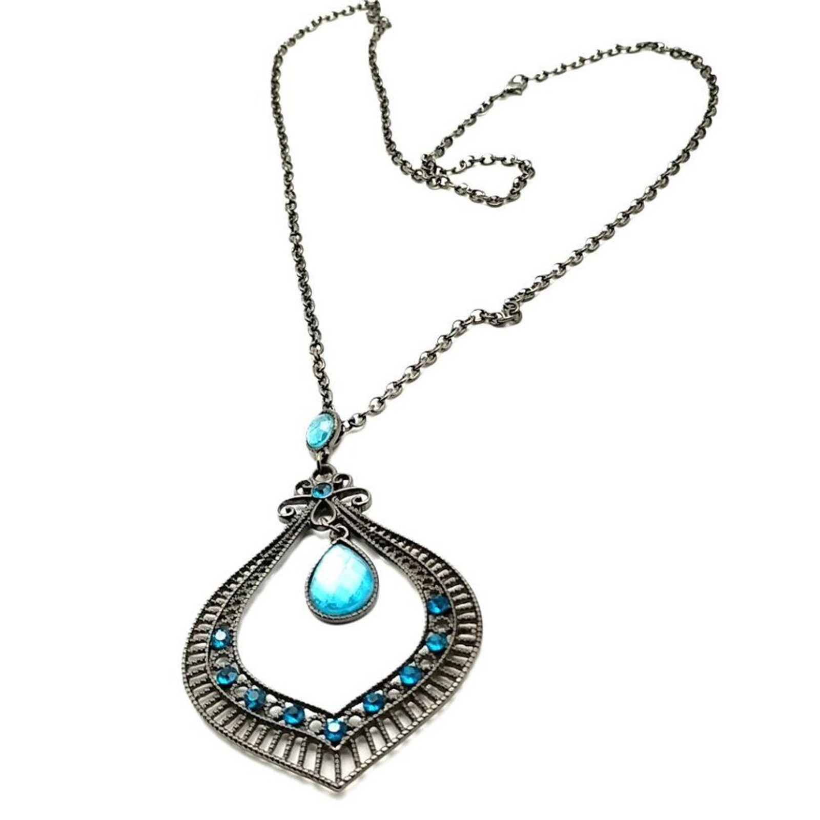 Art Deco Style Blue Crystal Pendant Vintage-Inspired Long Statement Necklace