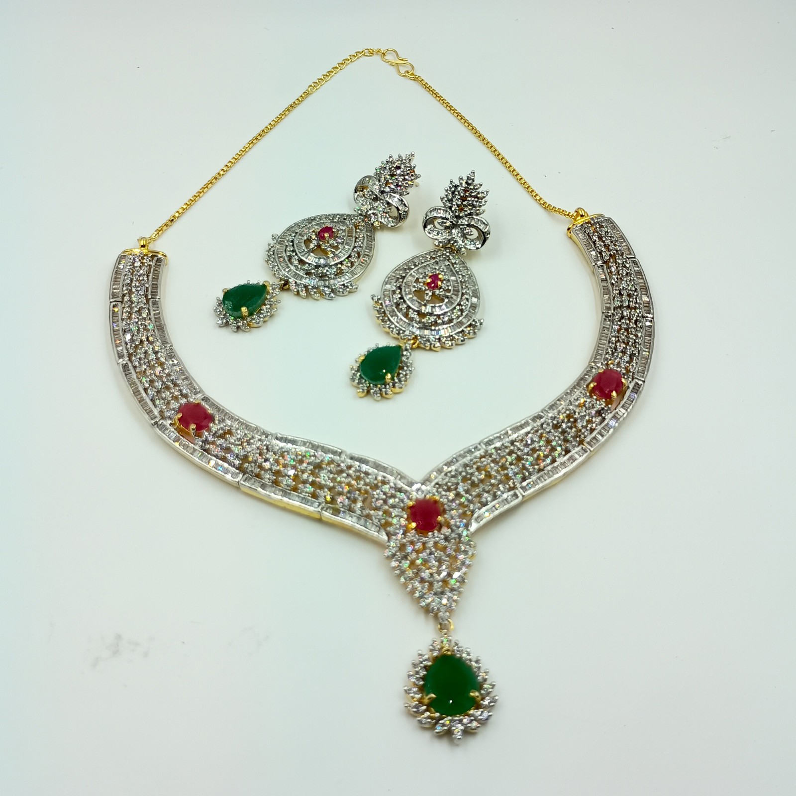 Traditional Emerald Ruby CZ Diamond Choker Necklace Set 22k Gold Plated