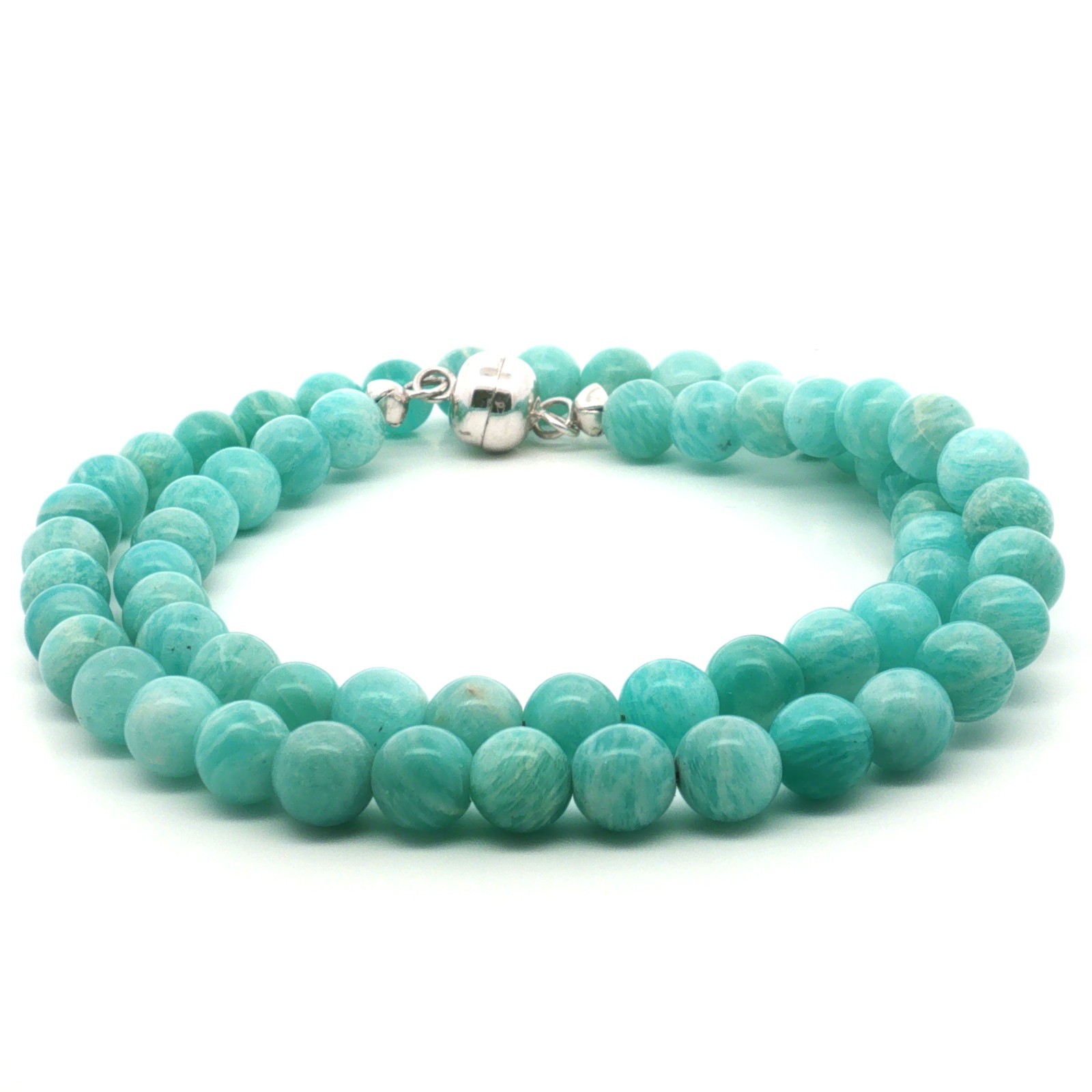 Natural Amazonite Beaded Necklace 45cm in 925 Sterling Silver Rhodium