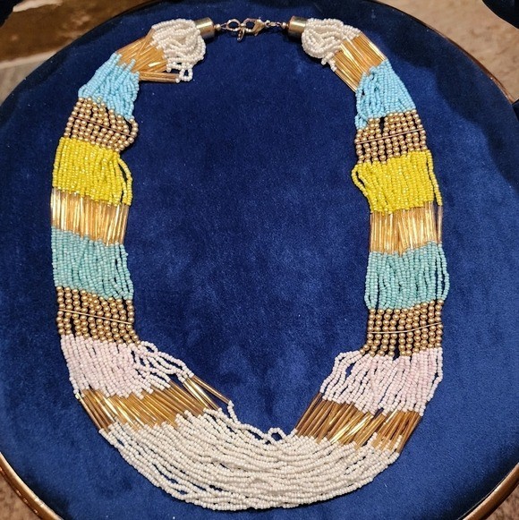 ALDO 1990s Multi Strand Statement Beaded Necklace Gold Blue Yellow Tribal Style