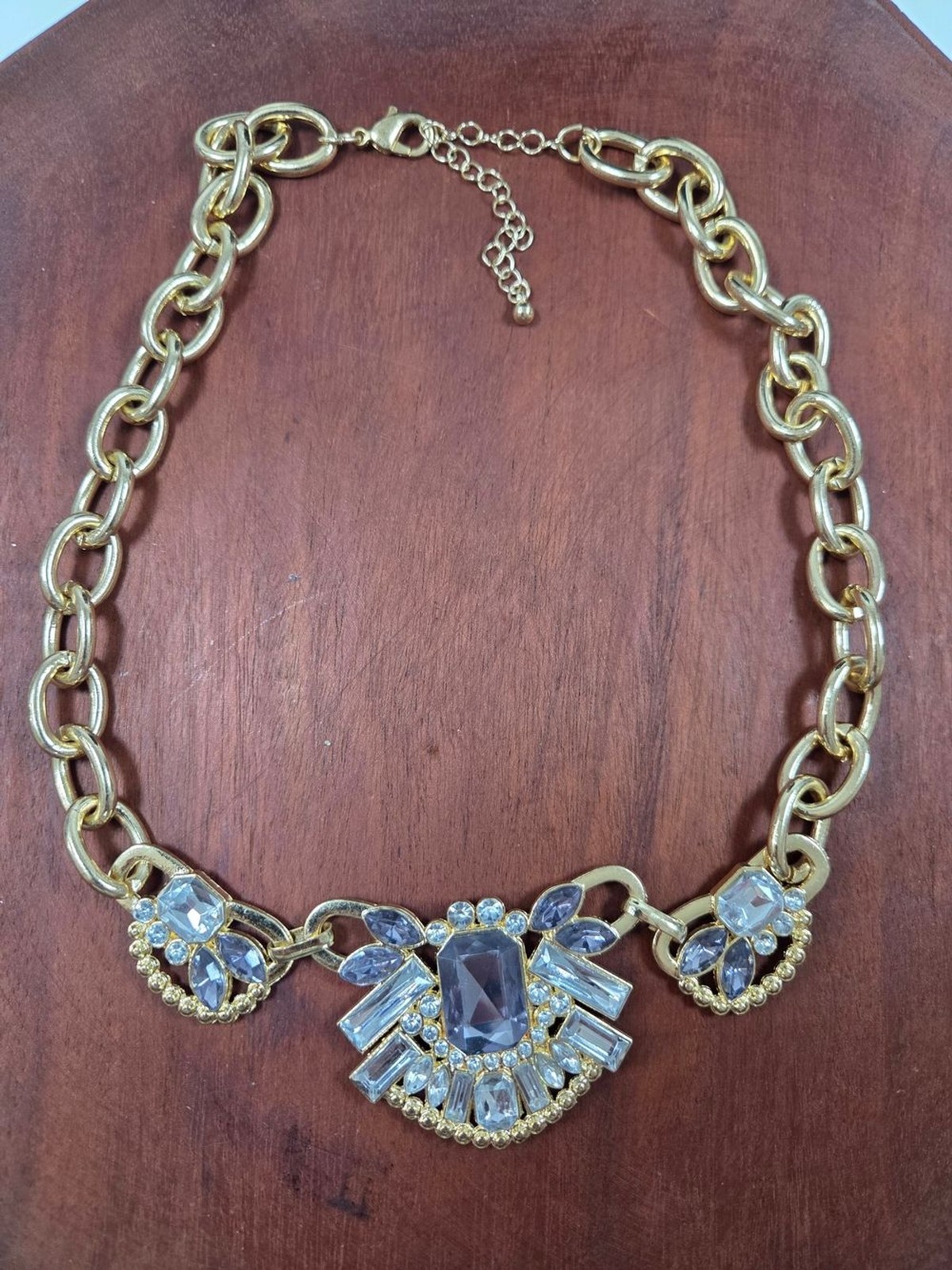 Vintage Style Gold Tone Statement Necklace Lavender & Clear Rhinestone Art Deco
