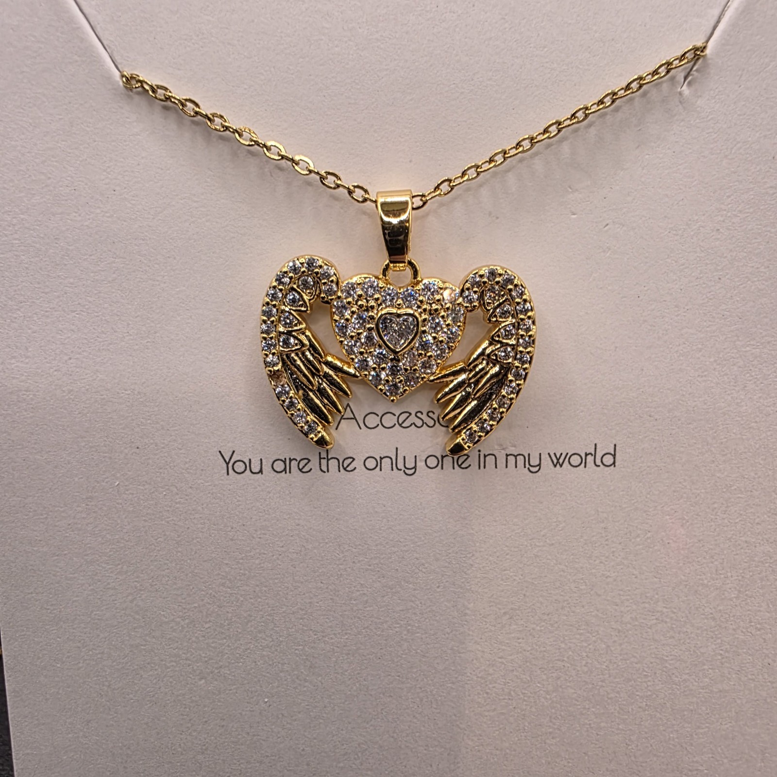 Stainless Steel Copper Plated 16″Necklace w/22mm Cz Winged Heart Pendant