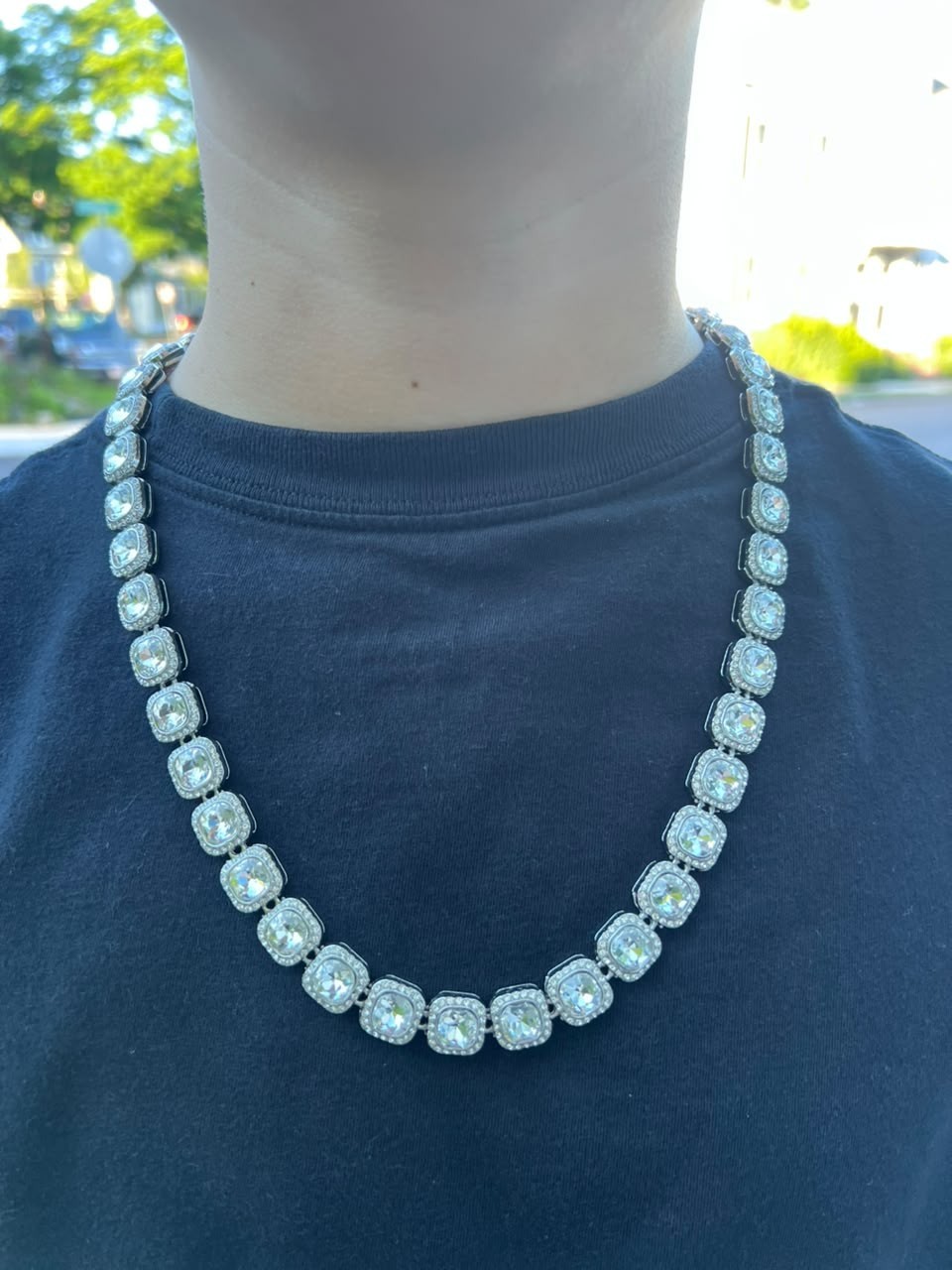 Silver-Tone Simulated Diamond Rhinestone Tennis Chain Necklace Prong Set