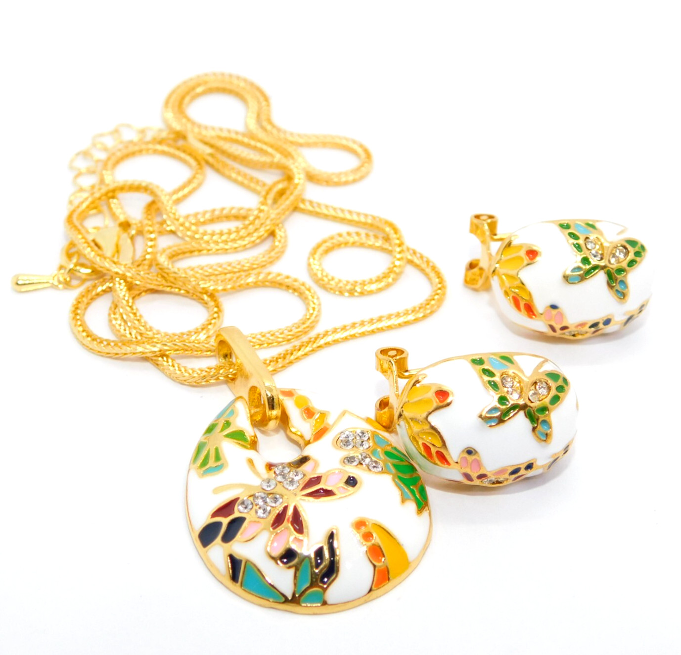 Colorful Butterfly Pendant Necklace and Earrings Set Gold Plated Enamel Jewelry