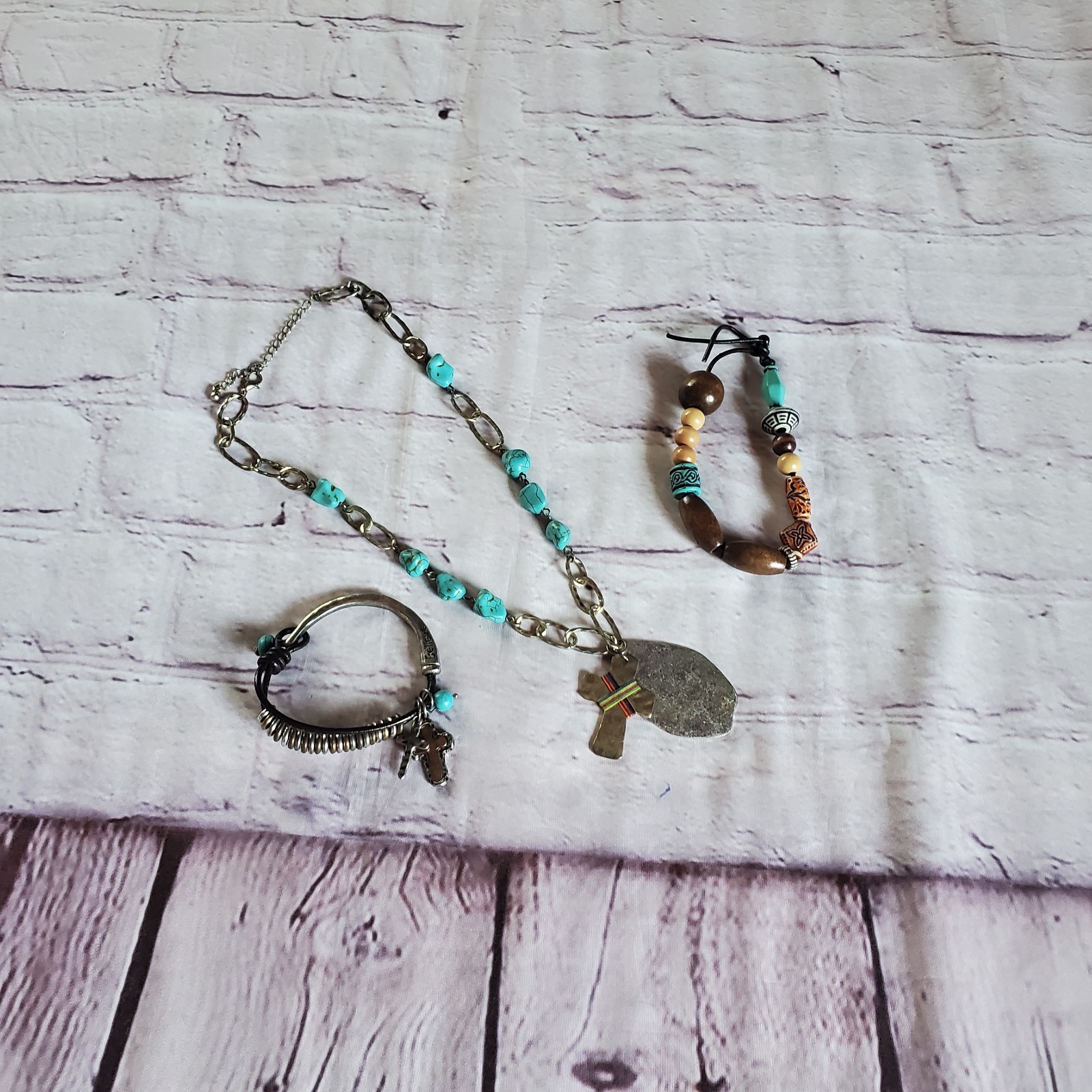 Western Bohemian Jewelry Chunky Turquoise Necklace & Bracelet Cross Hippie Beach