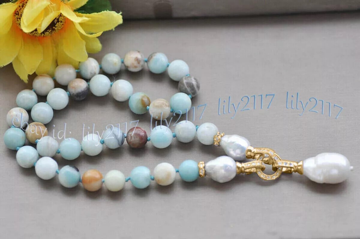 Natural Multicolor Amazonite Gemstone White Keshi Baroque Pearl Pendant Necklace