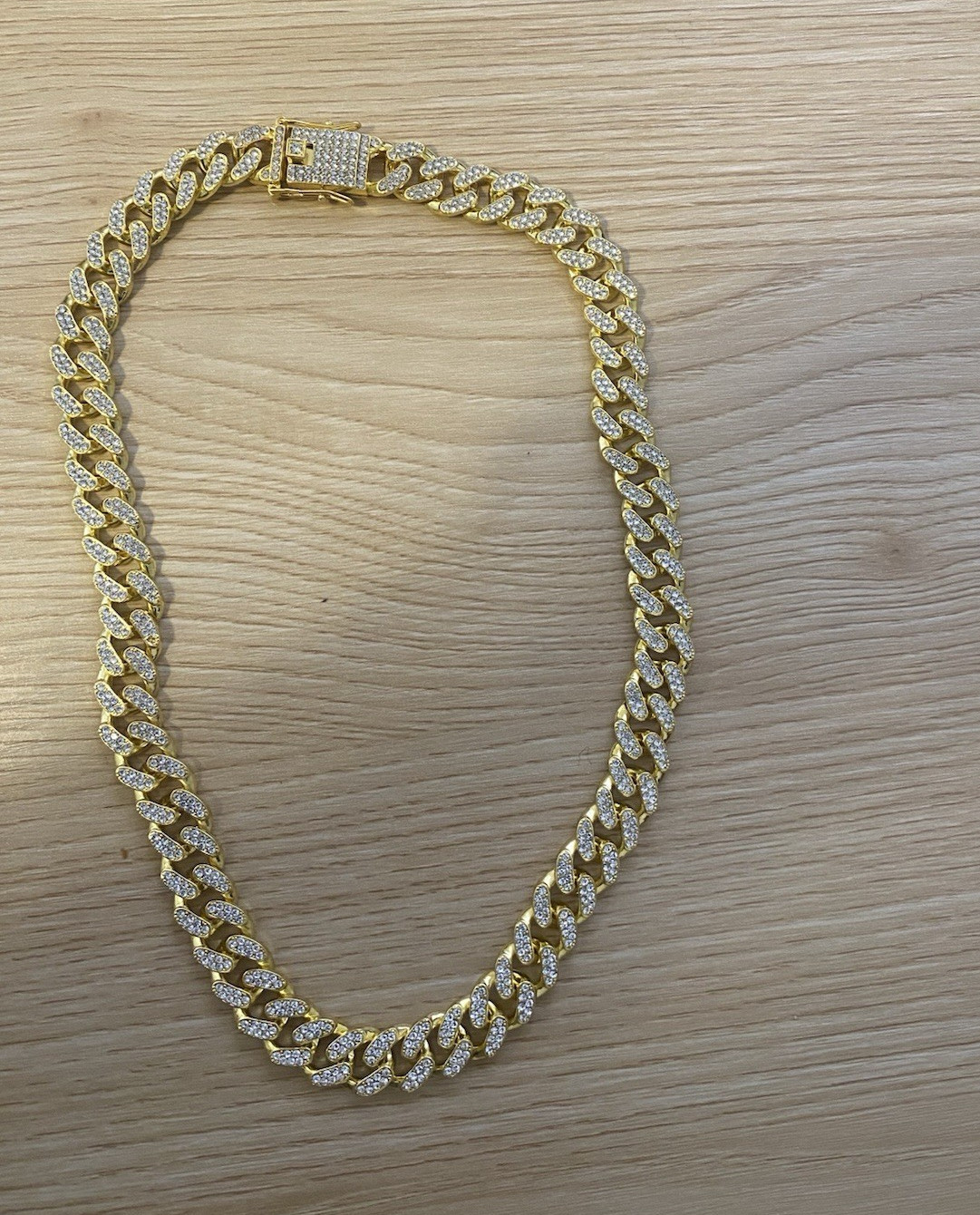 Gold Tone Yellow Gold Plated Cuban Link Pavé Crystal Necklace Box Clasp