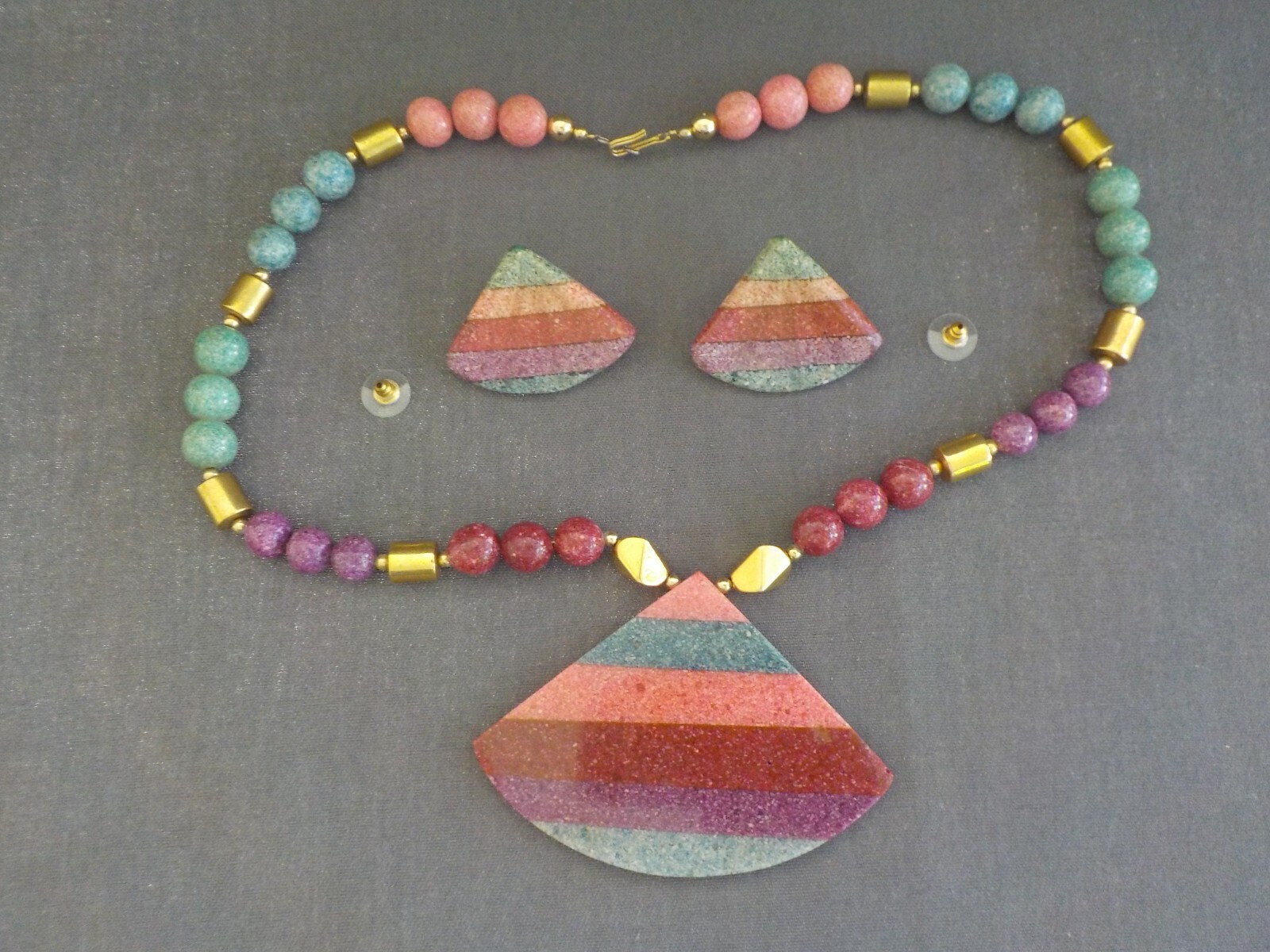 Triangle Necklace & Pierced Earrings Plastic Metal Green Purple Dark Red Blue