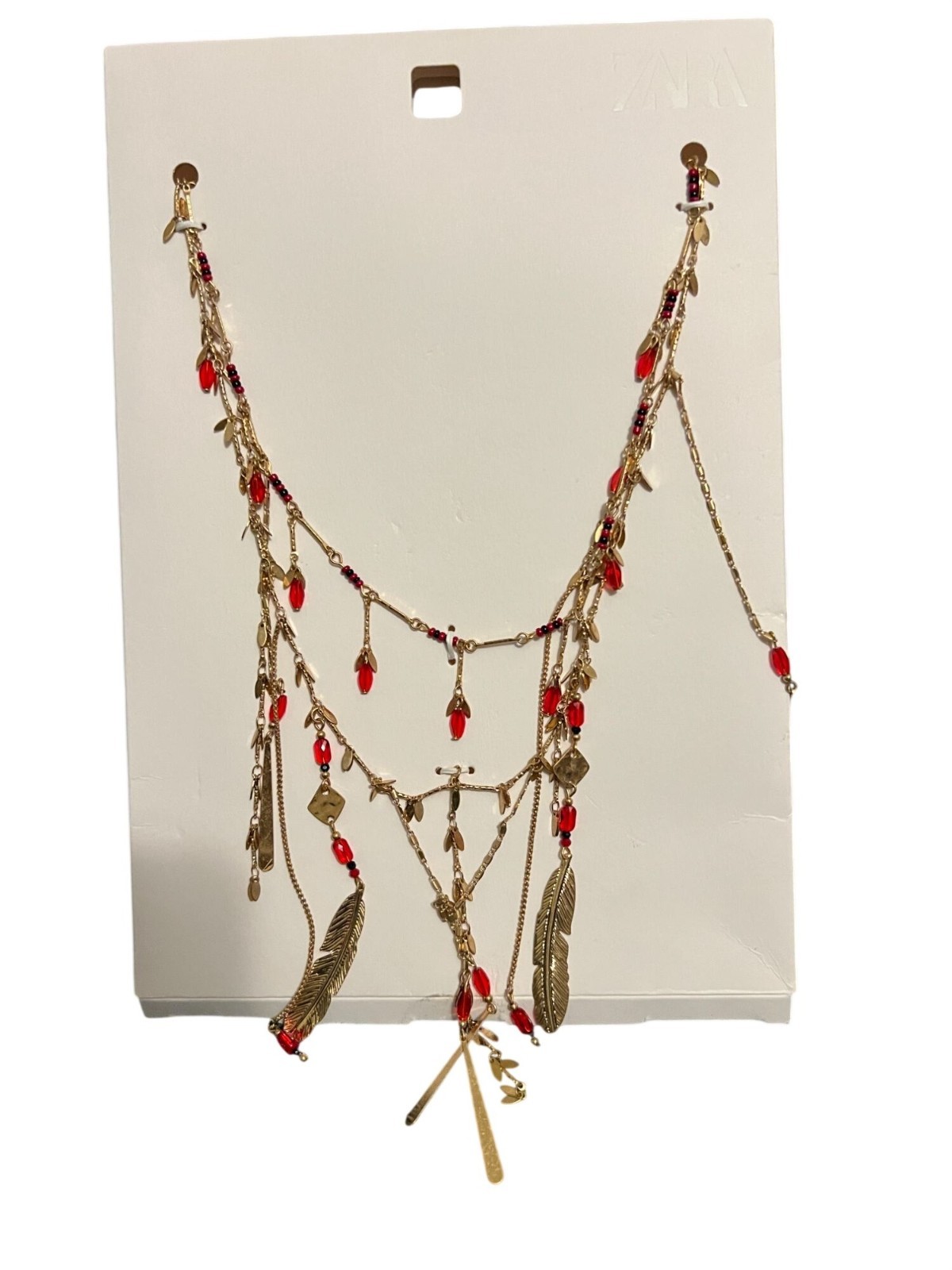 Zara Feather Cascading Necklaces fringe Red Gold Jewelry 1011/020 NWT