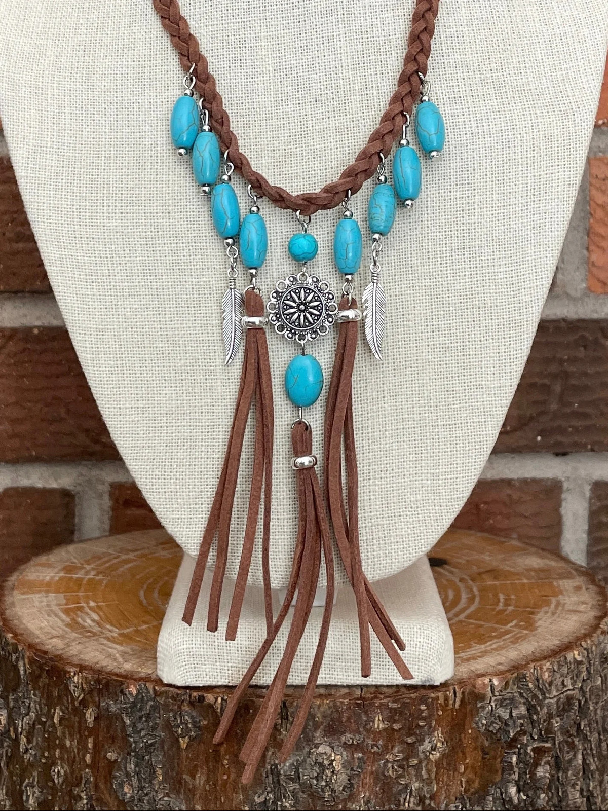 New Braided Faux Leather Fringe Statement Necklace Turquoise Silver Boho Western