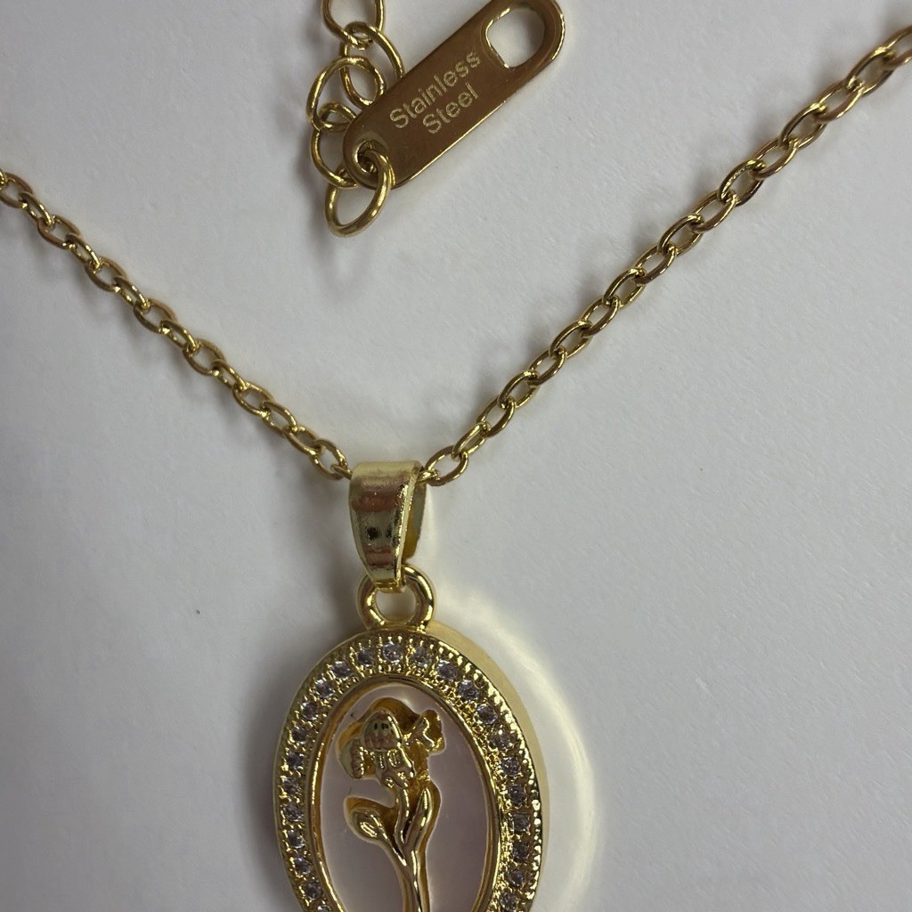 Gold Tone Stainless Steel Cable Necklace Oval Charm Pendant Pavé Crystals