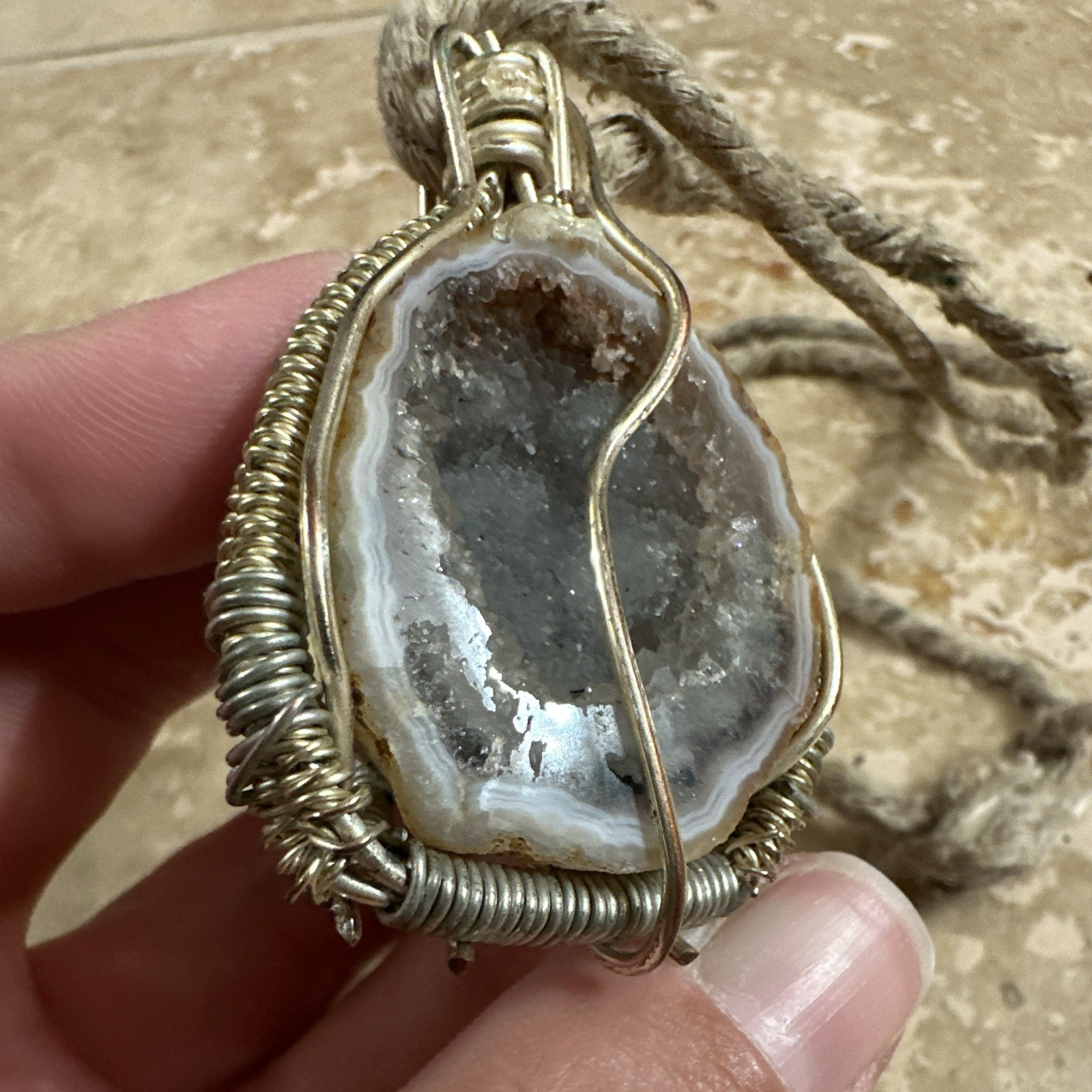 Handcrafted Necklace, Wire Wrapped Agate Druzy Pendant on Hemp Cord (from CO)