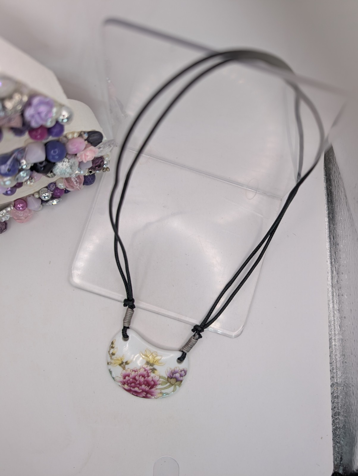 Crescent floral print white ceramic pendant adjustable cord NONE METAL Necklace