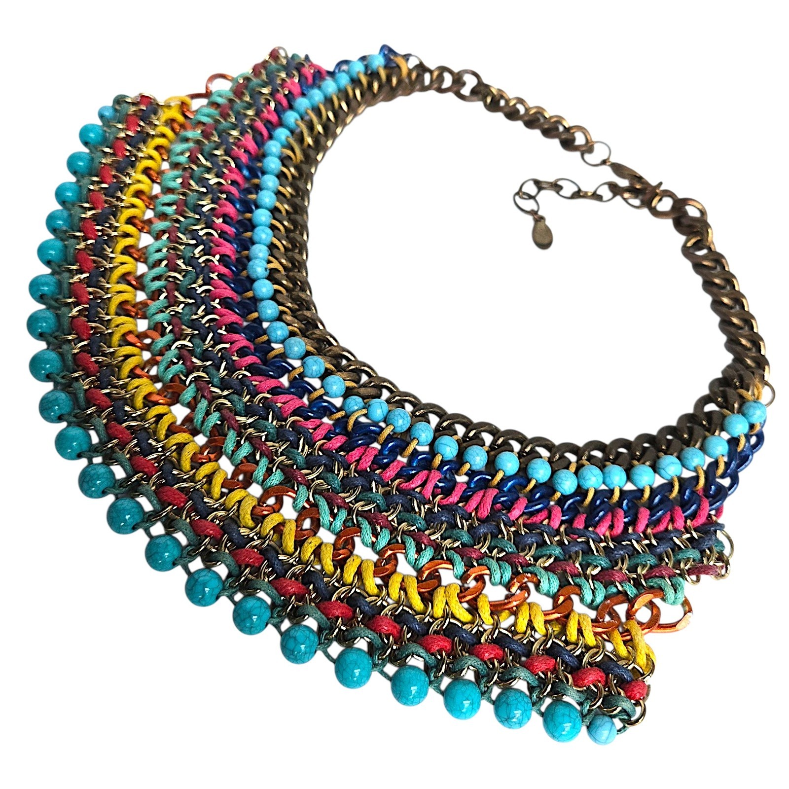 Aldo Multicolor Woven Cord Bib Necklace Mixed Metal Chain Beaded Boho 18″