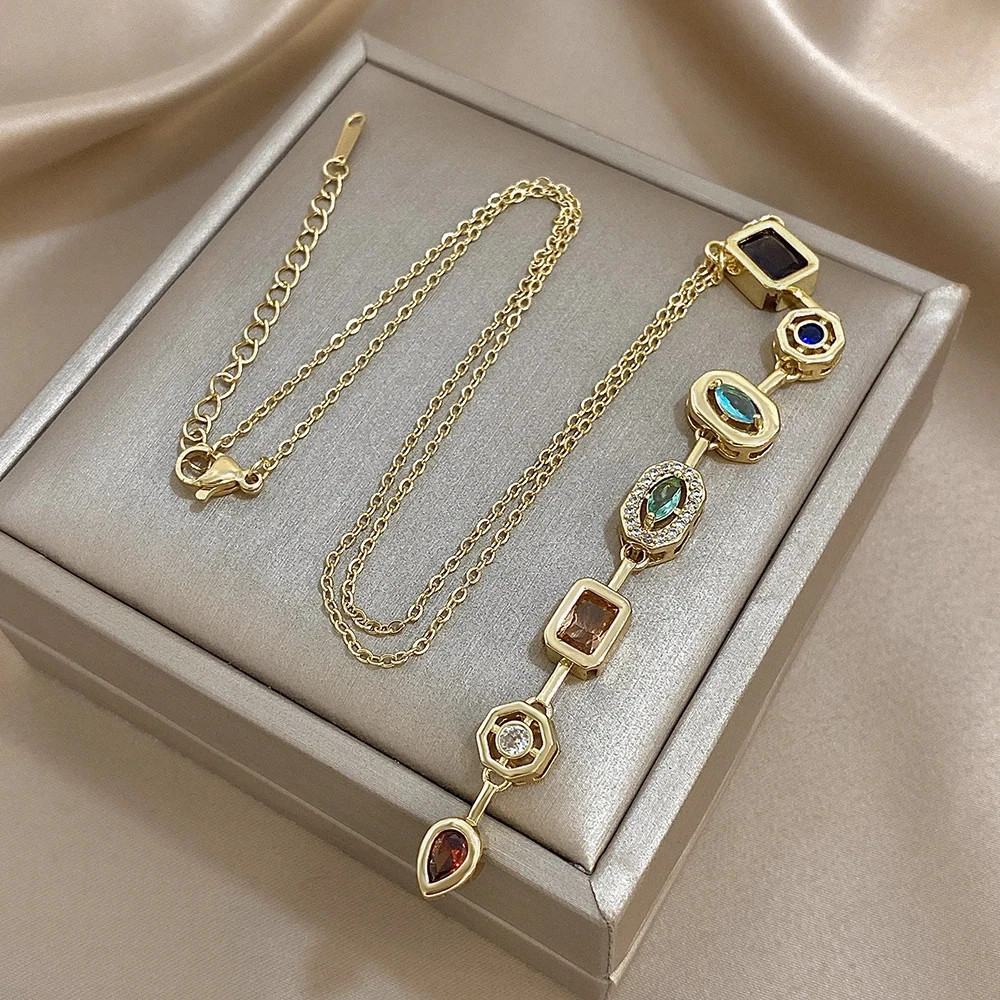 Vintage Geometric Colorful Zircon Long Pendant Necklace for Women Gold Plated