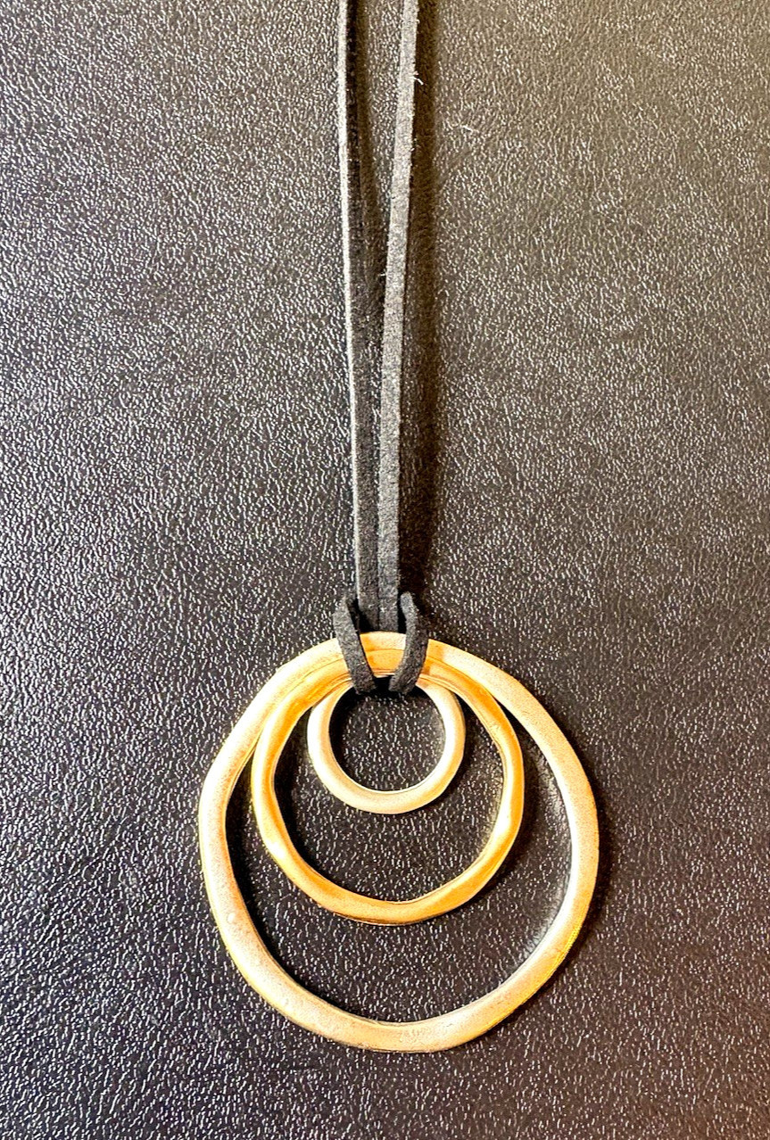 Silver & Gold Tone Asymmetrical Triple Ring Charm Pendant Black Cord Necklace